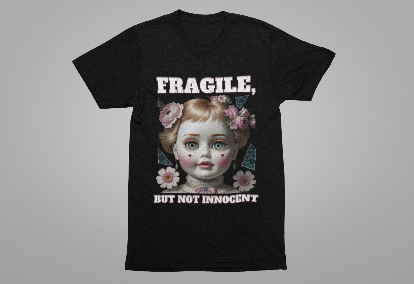 Fragile, But Not Innocent | Doll Face with Flowers & Cracks Graphic T-Shirt