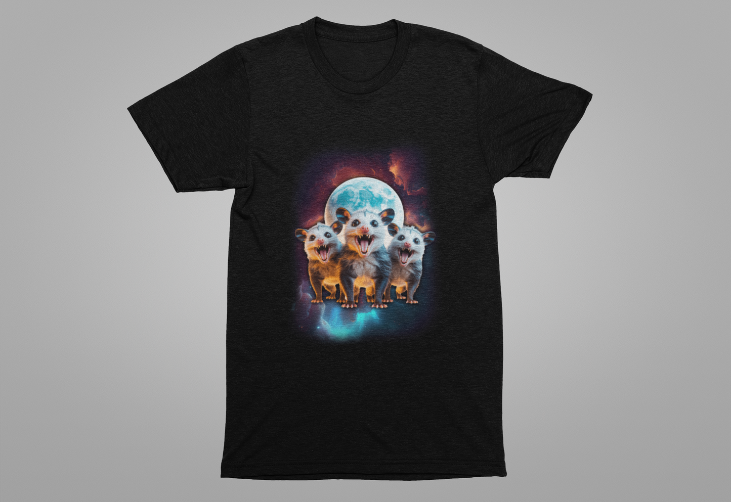 Three Crazy Possums Moon and Galaxy T-Shirt – Whimsical Space Animal Graphic Tee