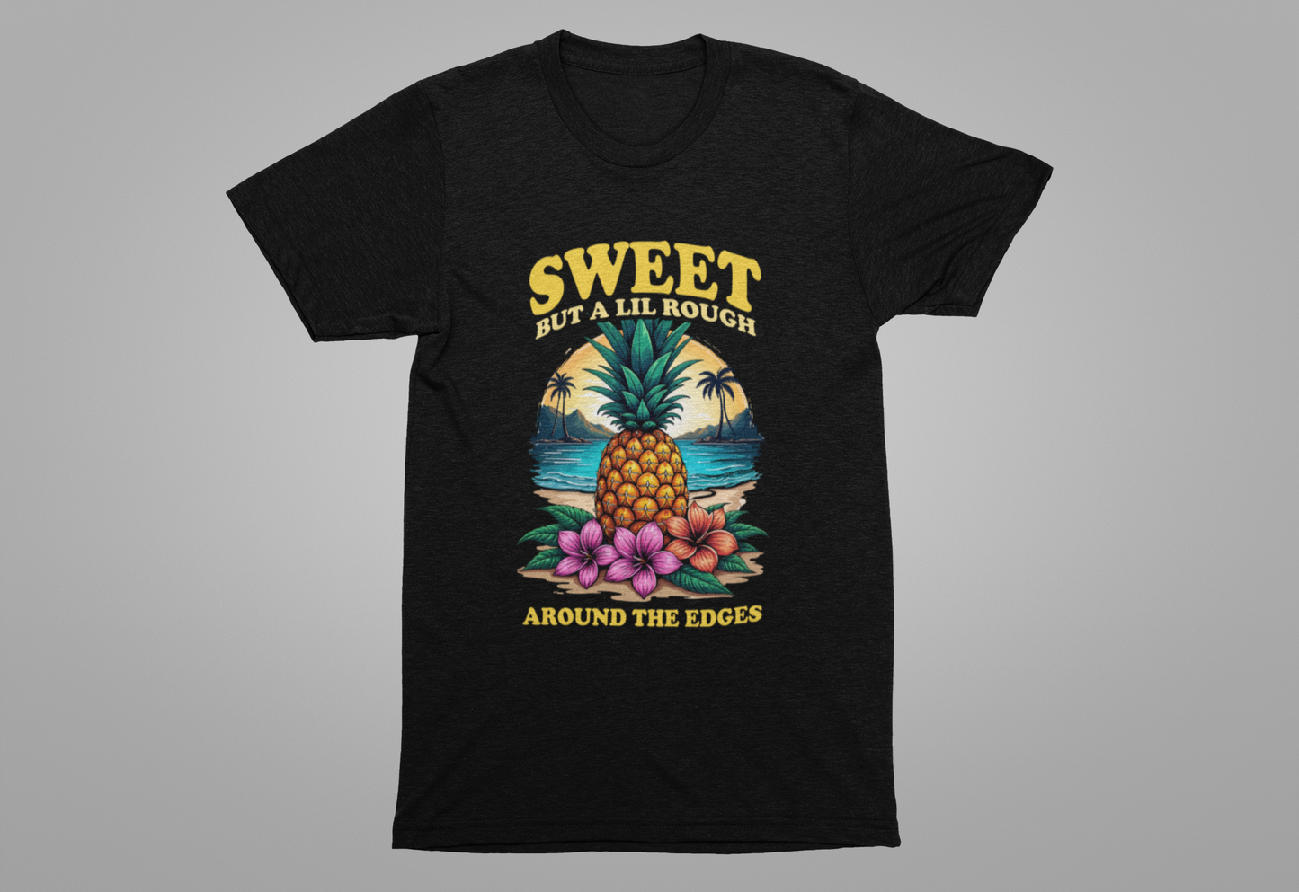 Sweet But A Lil Rough Around The Edges T Shirt Large Pineapple Tropical Beach Scene