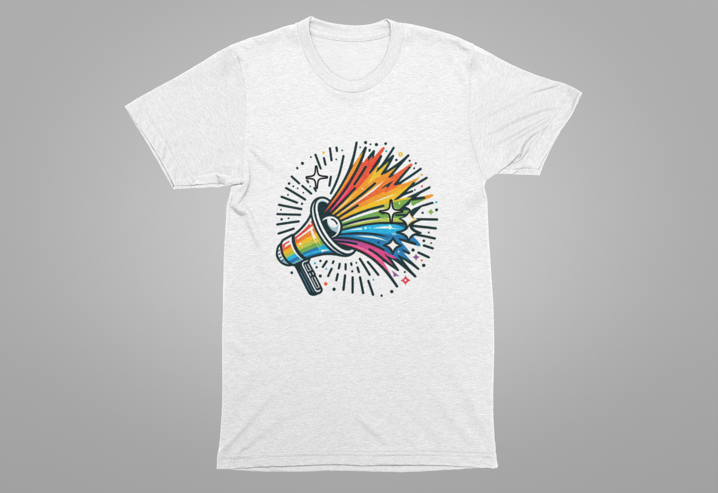 Proud & Loud – Colorful Handheld Speaker with Exploding Stars Graphic T-Shirt