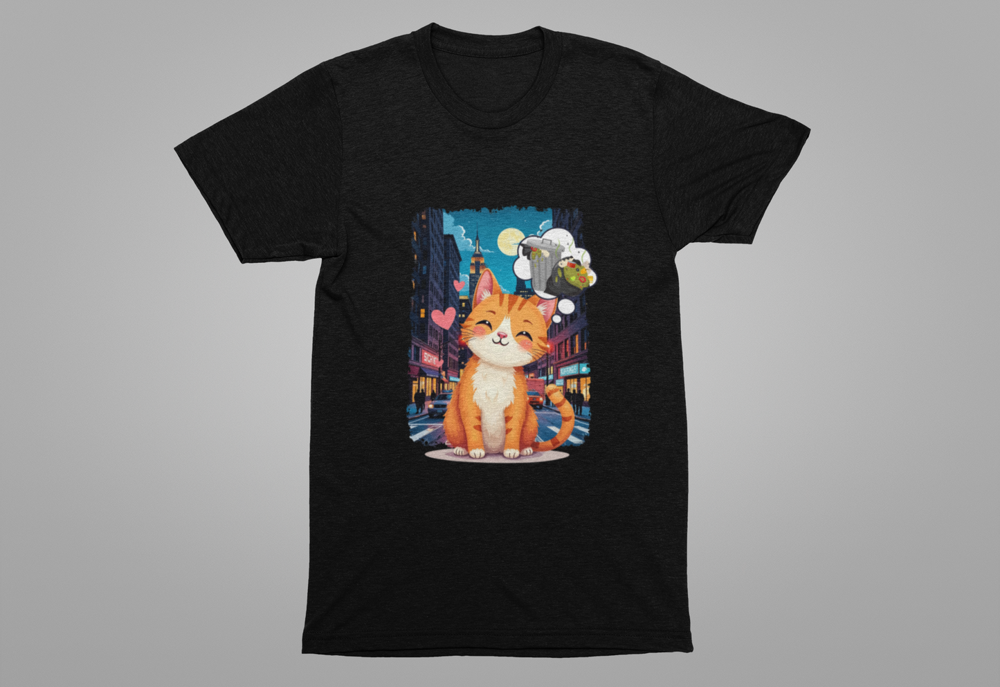 City Cat Dreams – Happy Orange Cat with Urban Garbage Thought Bubble Graphic T-Shirt