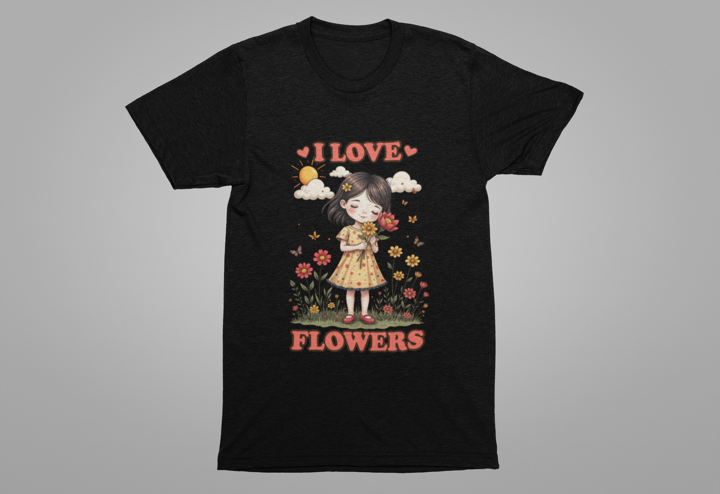 I Love Flowers T-Shirt – Cute Girl and Floral Garden Graphic Tee