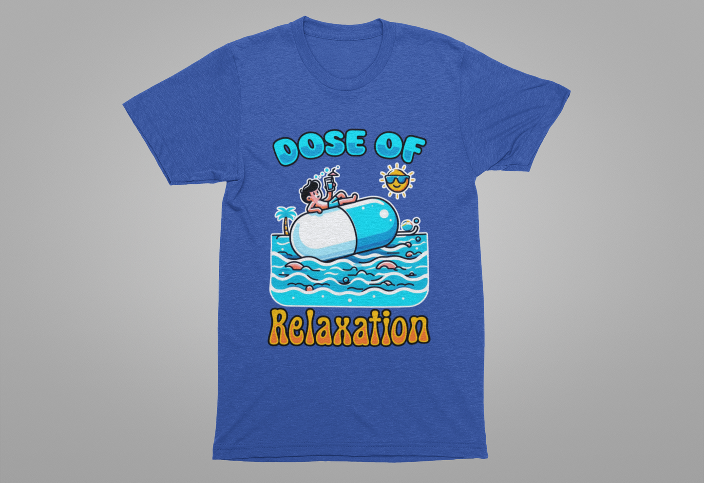 Dose of Relaxation | Boy Sitting on Pill Floating on Water with Drink, Sun & Palm Tree Graphic T-Shirt