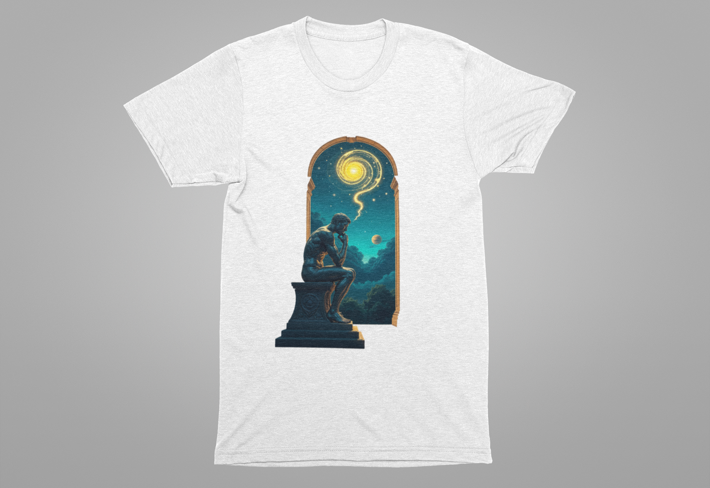 Muscular Statue Deep in Thought on Stage with Scenic Window View Graphic T-Shirt
