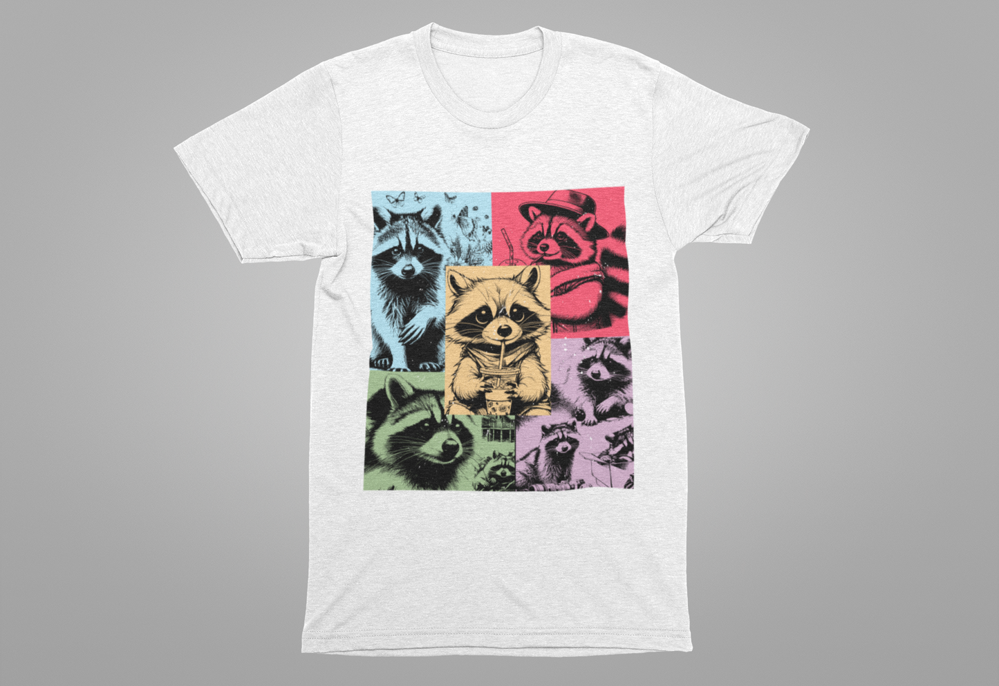 Colorful Raccoons T-Shirt – Playful Multi-Color Raccoons with Sipping Raccoon Graphic