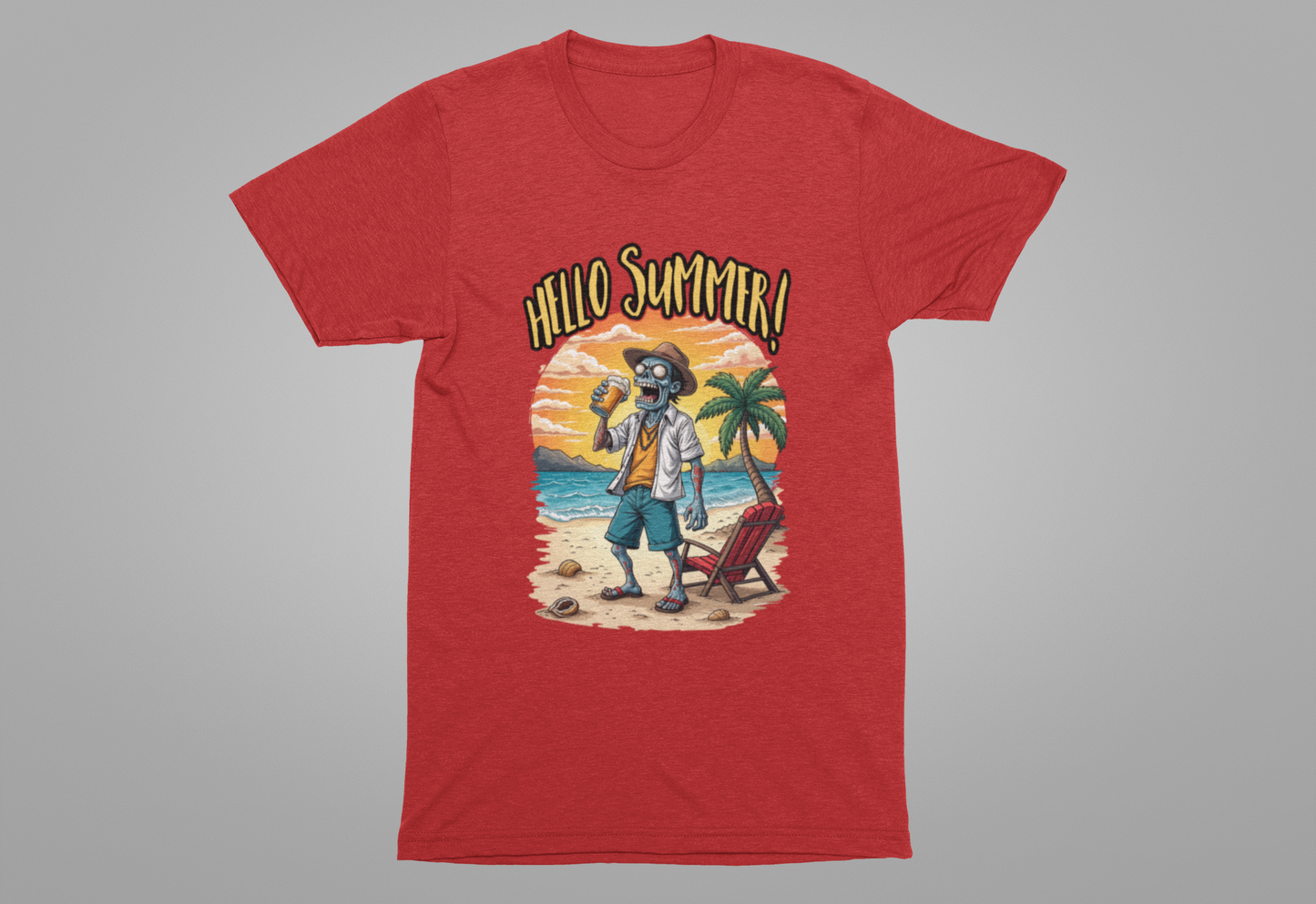 Hello Summer Tshirt Old Zombie with Cap, Beer Glass, Beach, Palm Trees & Reclining Chair