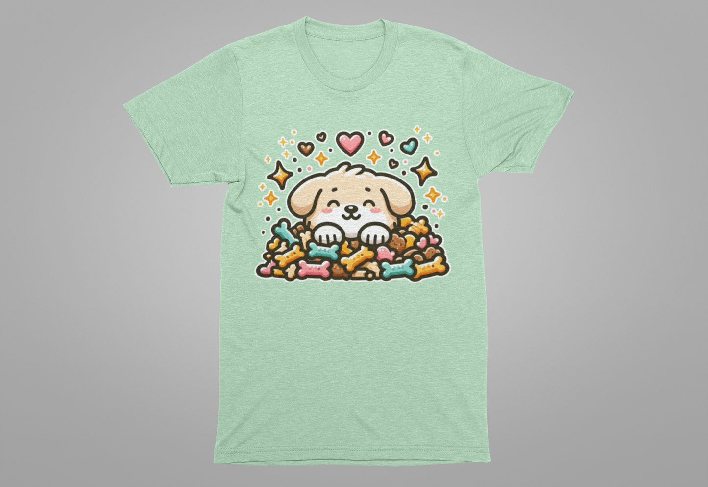 Puppy Face & Paw on a Pile of Treats | Stars & Hearts Reaction Graphic T-Shirt