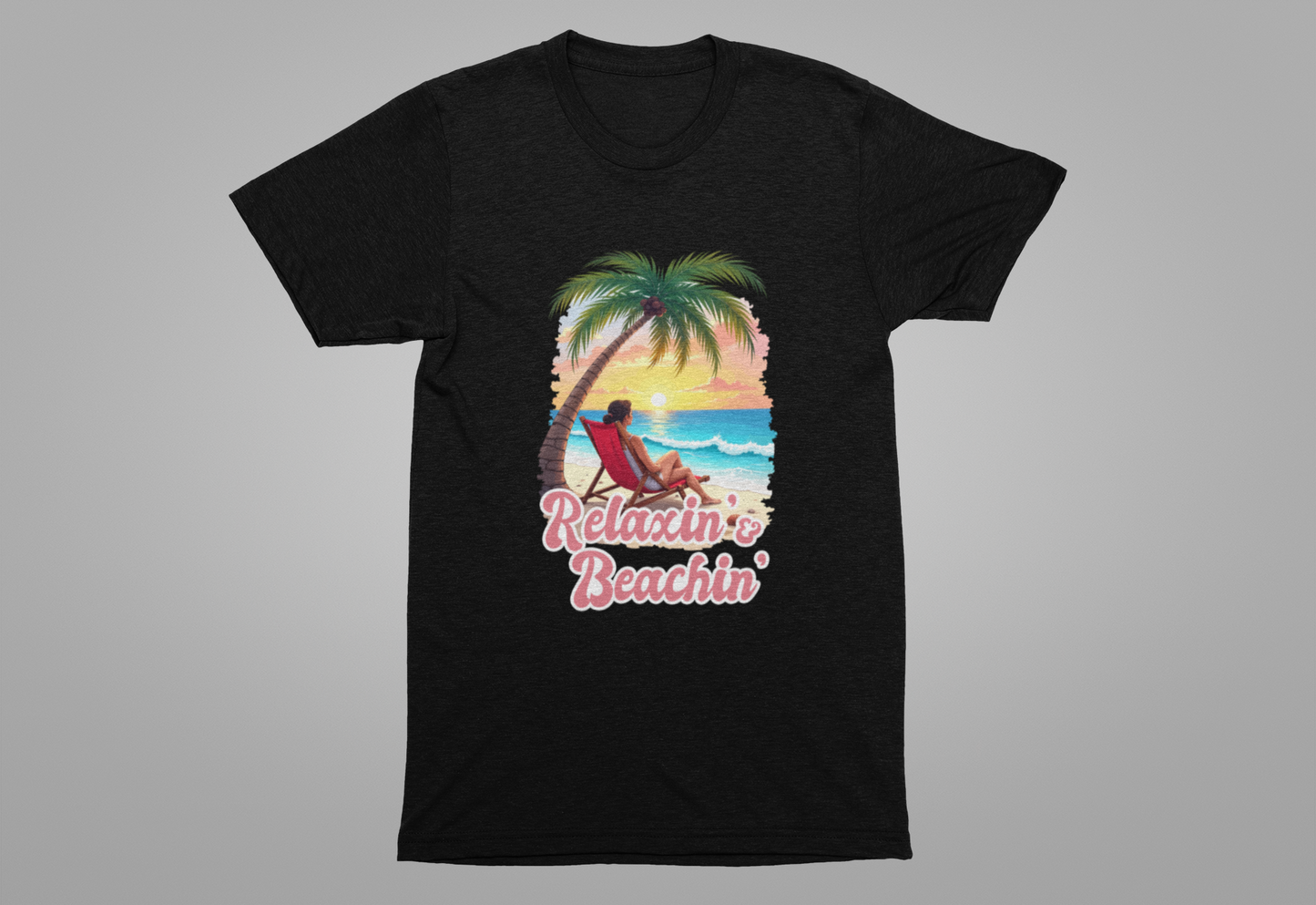 Recharge Mode Relaxin & Beachin' – Woman Lounging Under Palm Tree Beach Scene T-Shirt