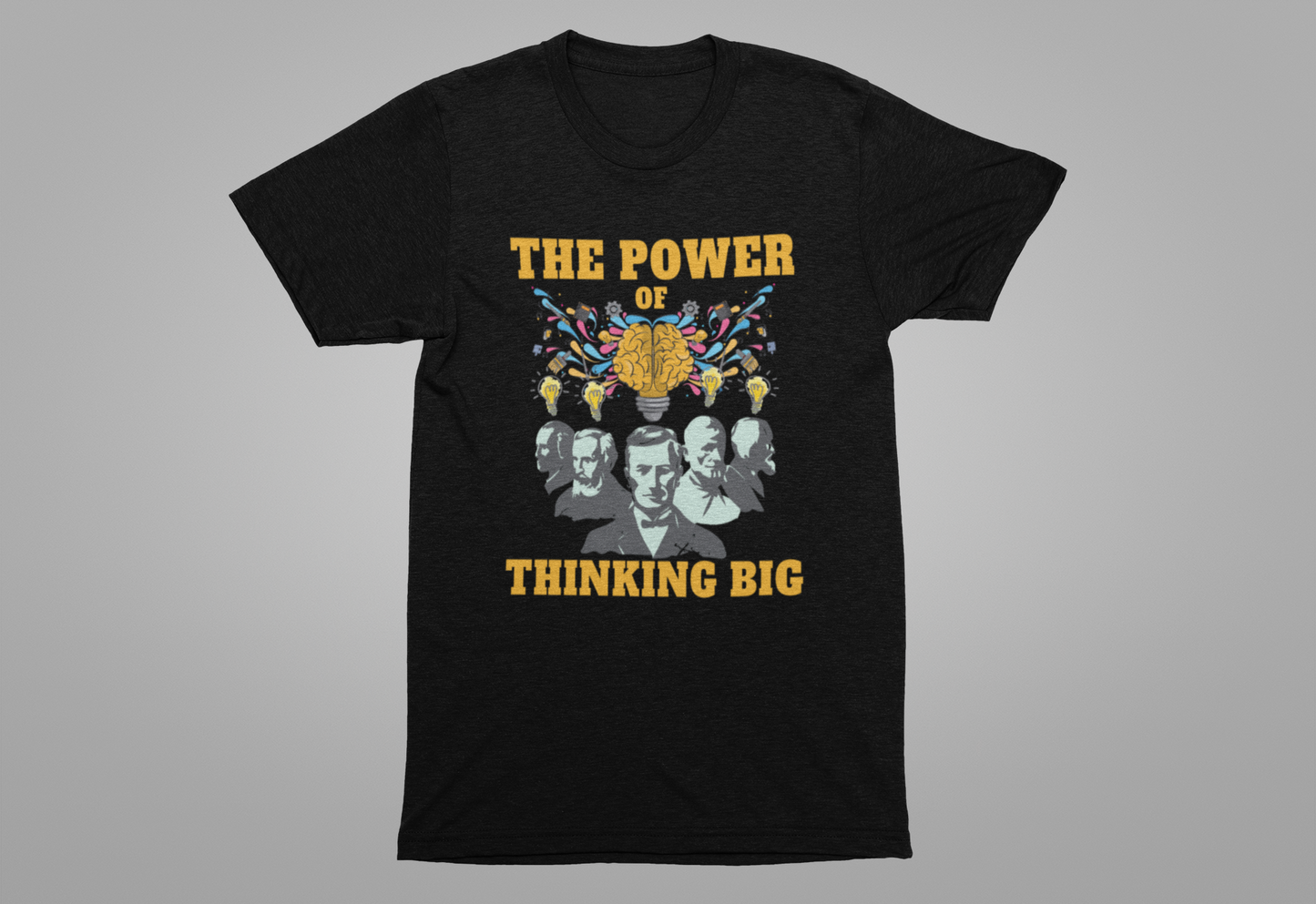 The Power of Thinking Big Tshirt – Brain with Great Scientists and Glowing Bulb Graphic