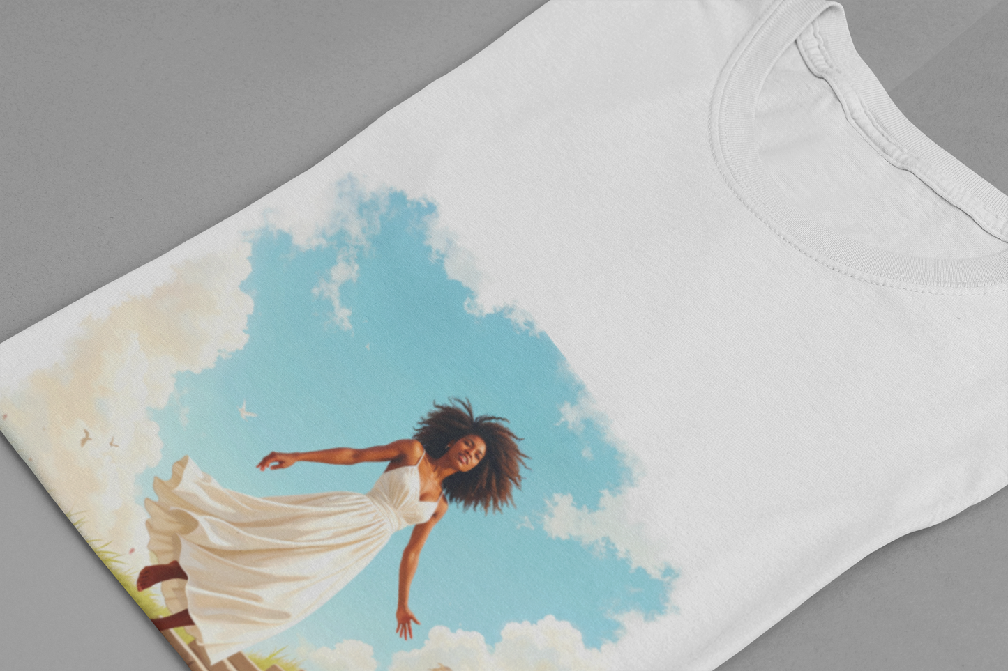 Graceful Woman in White Dress Walking on Stairs – Blue Sky & Green Ground Graphic T-Shirt