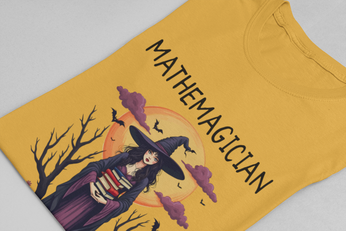 Enchanted Math Magician Tee – Witch with Books and Bats