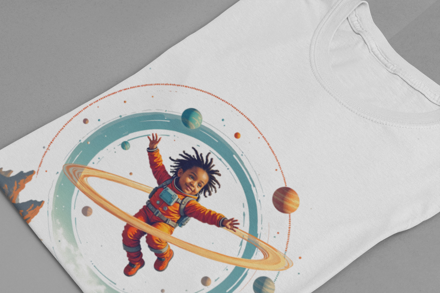 Toddler Flying in Spacesuit with Revolving Planets Space Adventure Graphic T-Shirt