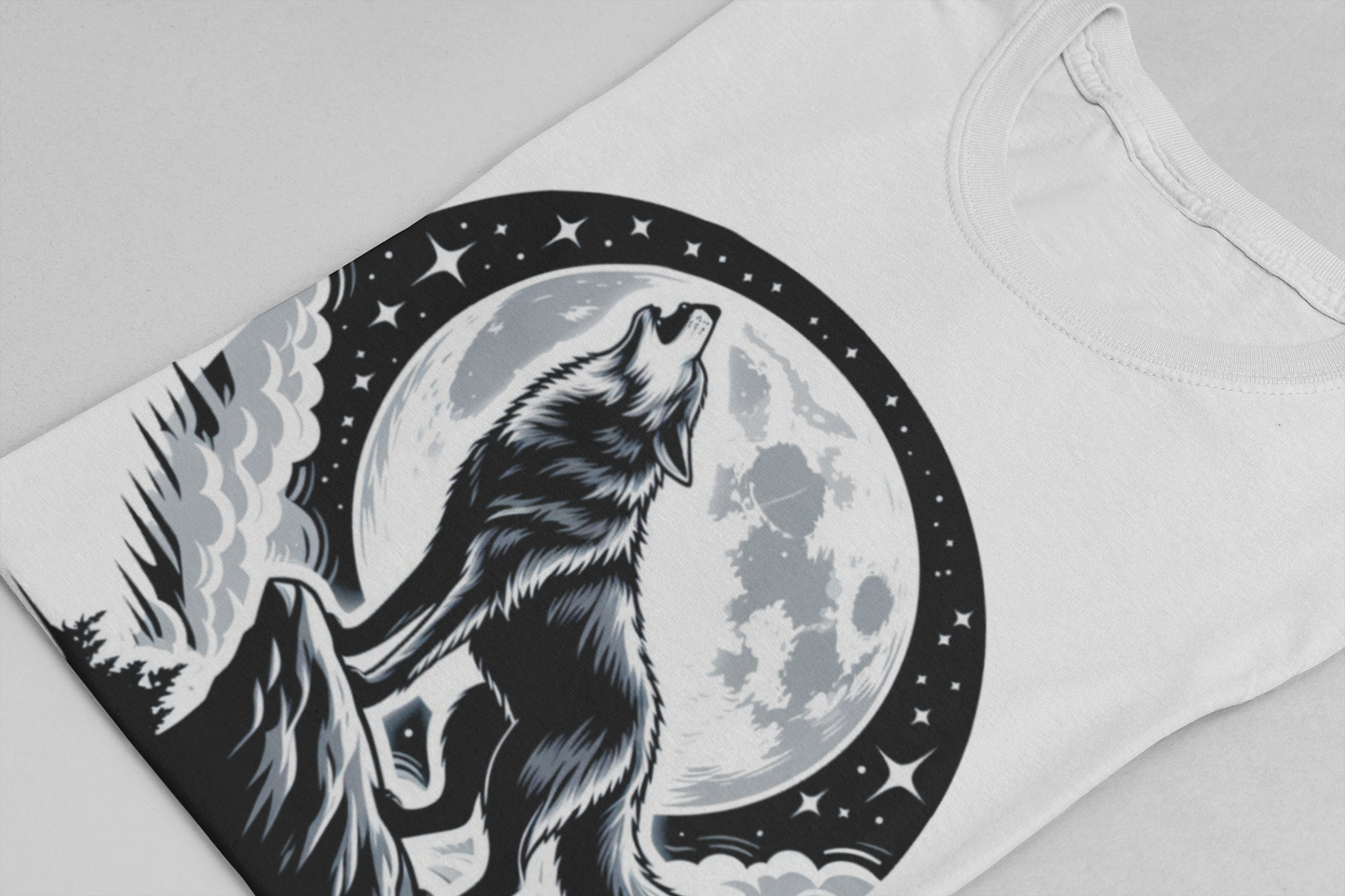Mystical and Wild - Wolf Howling on Mountain Edge with Full Moon and Stars Graphic T-Shirt