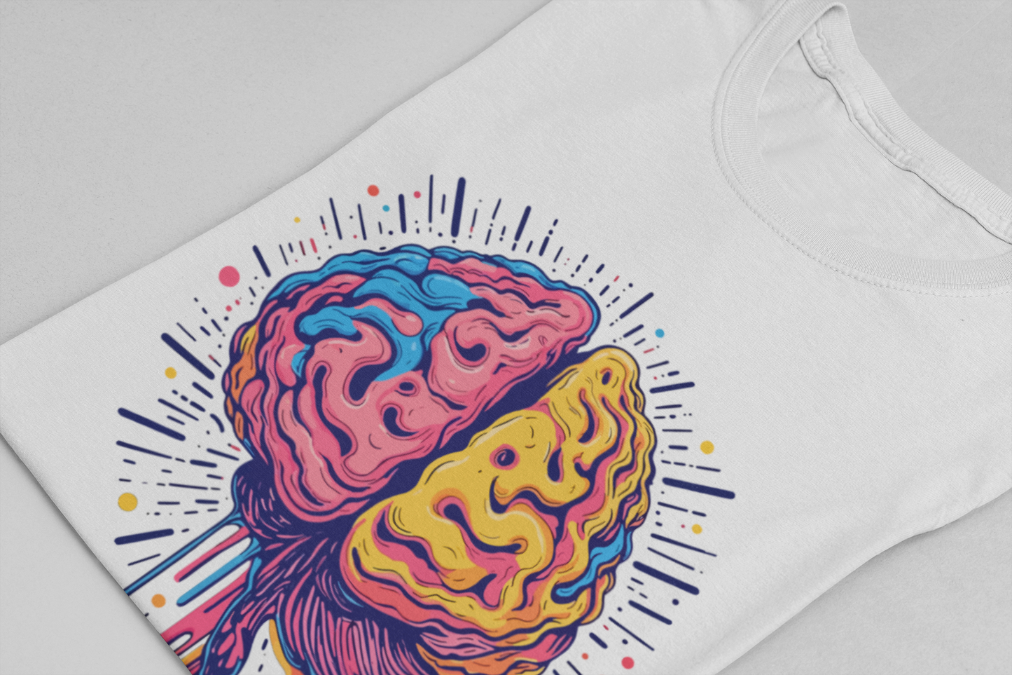 Colorful Vibrant Brain with Dripping Paint and Radiant Energy Lines Graphic T-Shirt