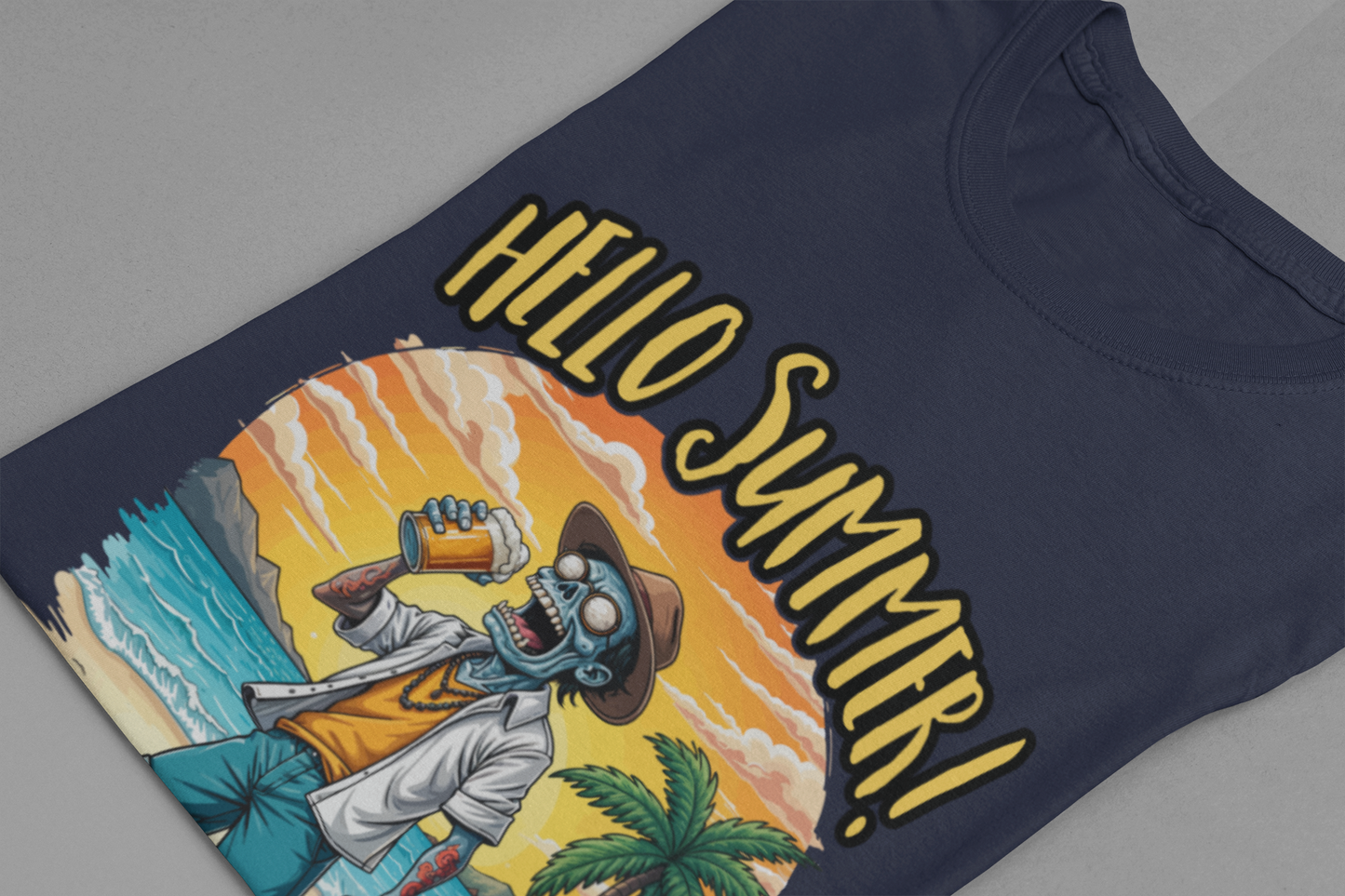 Hello Summer Tshirt Old Zombie with Cap, Beer Glass, Beach, Palm Trees & Reclining Chair
