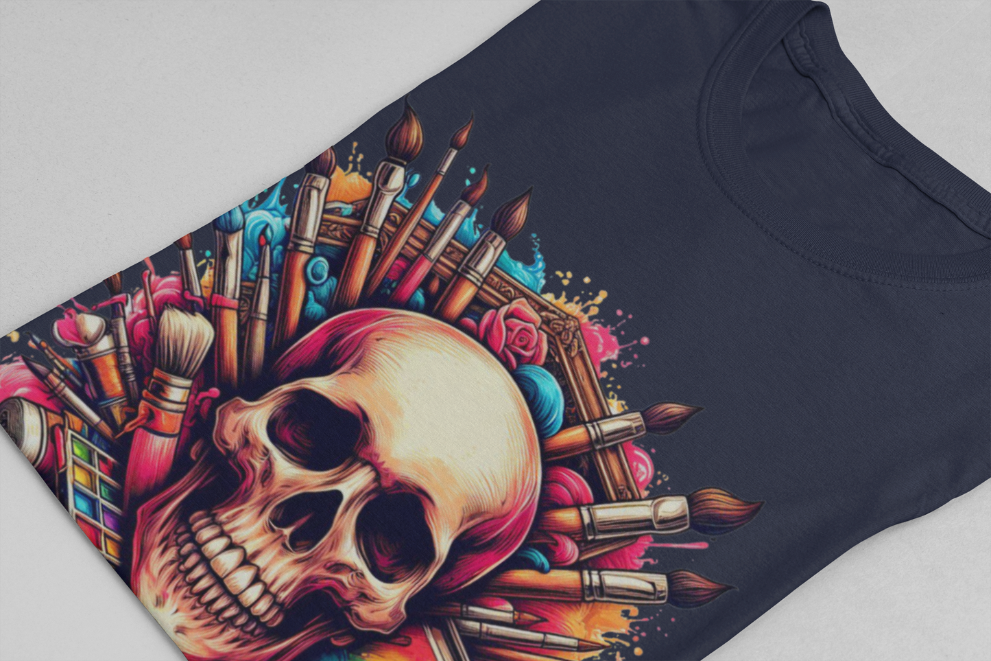 Art Is Not Dead Tshirt – Skull with Stacked Art Supplies Circular Graphic