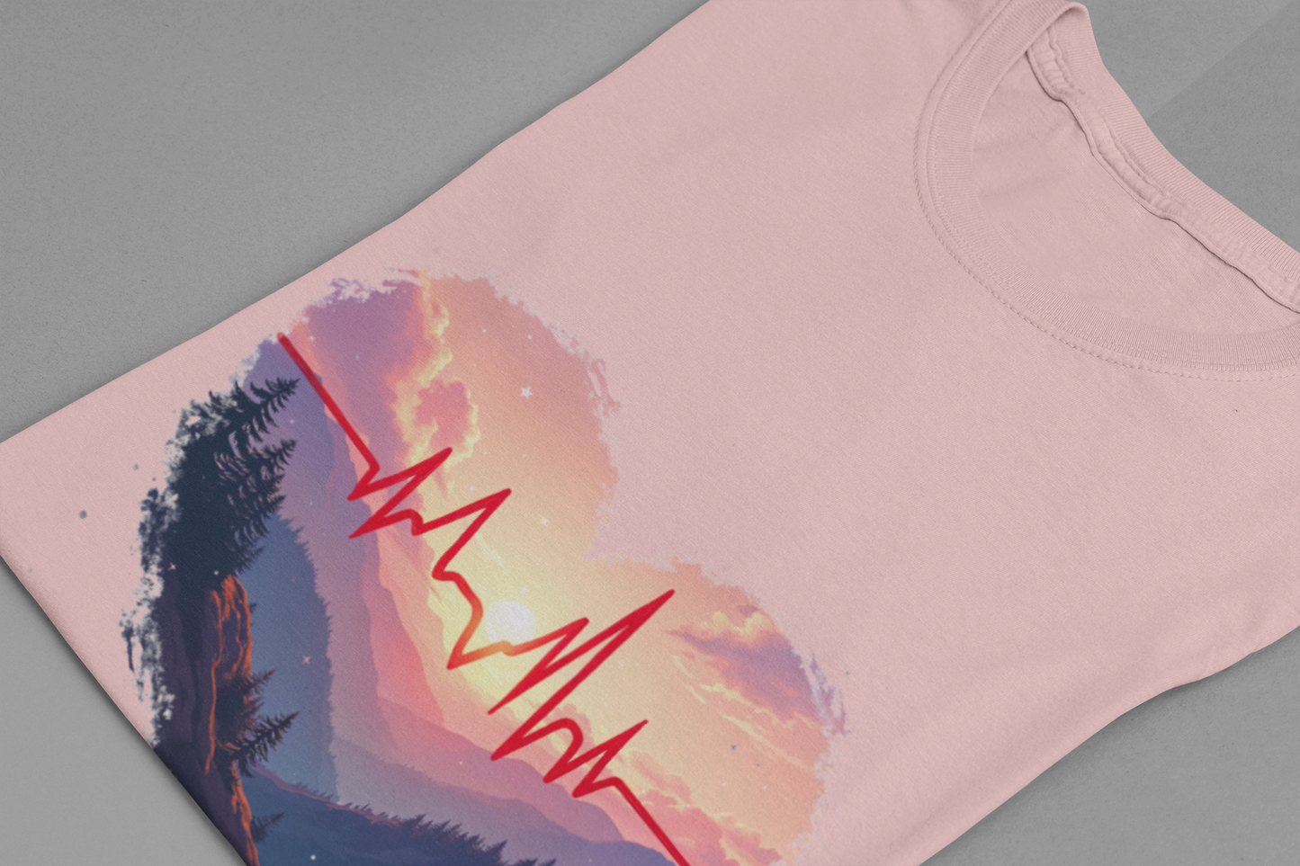 Heart-Shaped Majestic Mountains Landscape with Bold Red Lifeline Graphic T-Shirt