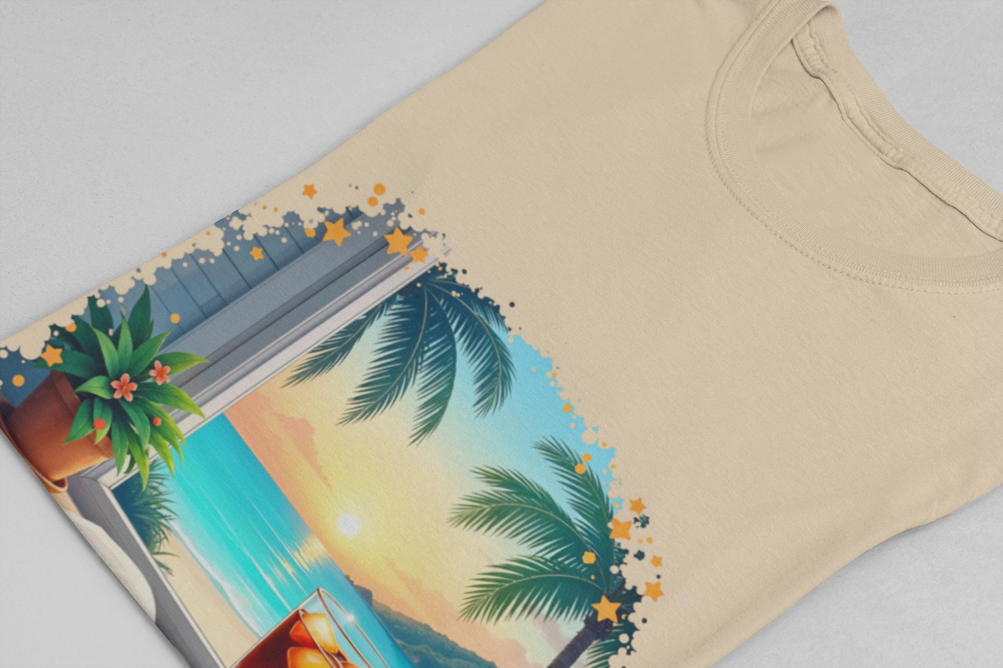 Romanticize Everything - Beachside Serenity – Table with Book, Drink & Flower Pot by Window Graphic T-Shirt