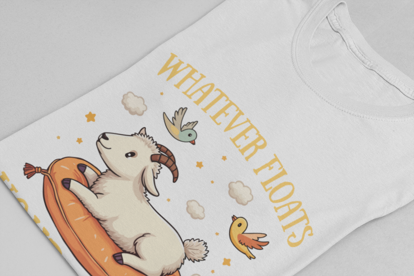 Whatever Floats Your Goat T Shirt – Happy Floating Goat with Clouds and Birds