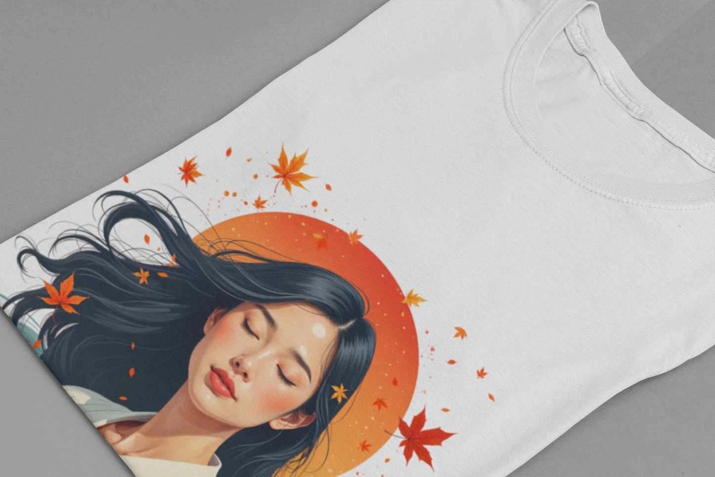 Serene Woman in White Dress Chest-Deep in Water with Sunset and Falling Leaves Graphic T-Shirt