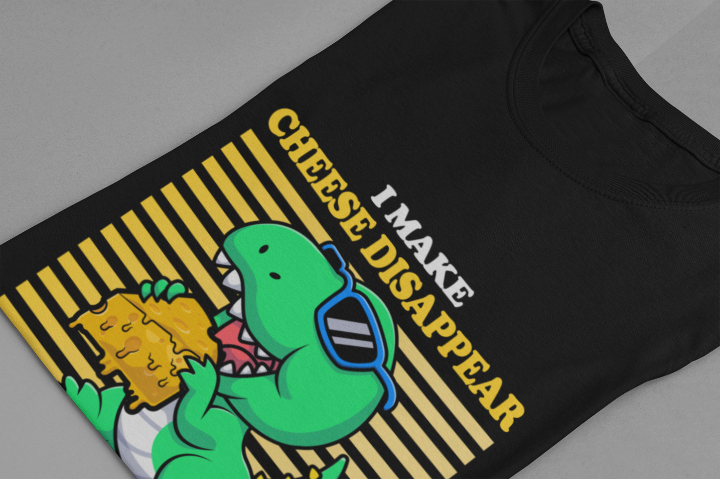 I Make Cheese Disappear T-Shirt – Cool Dinosaur With Sunglasses Running Away Humor Graphic Tee