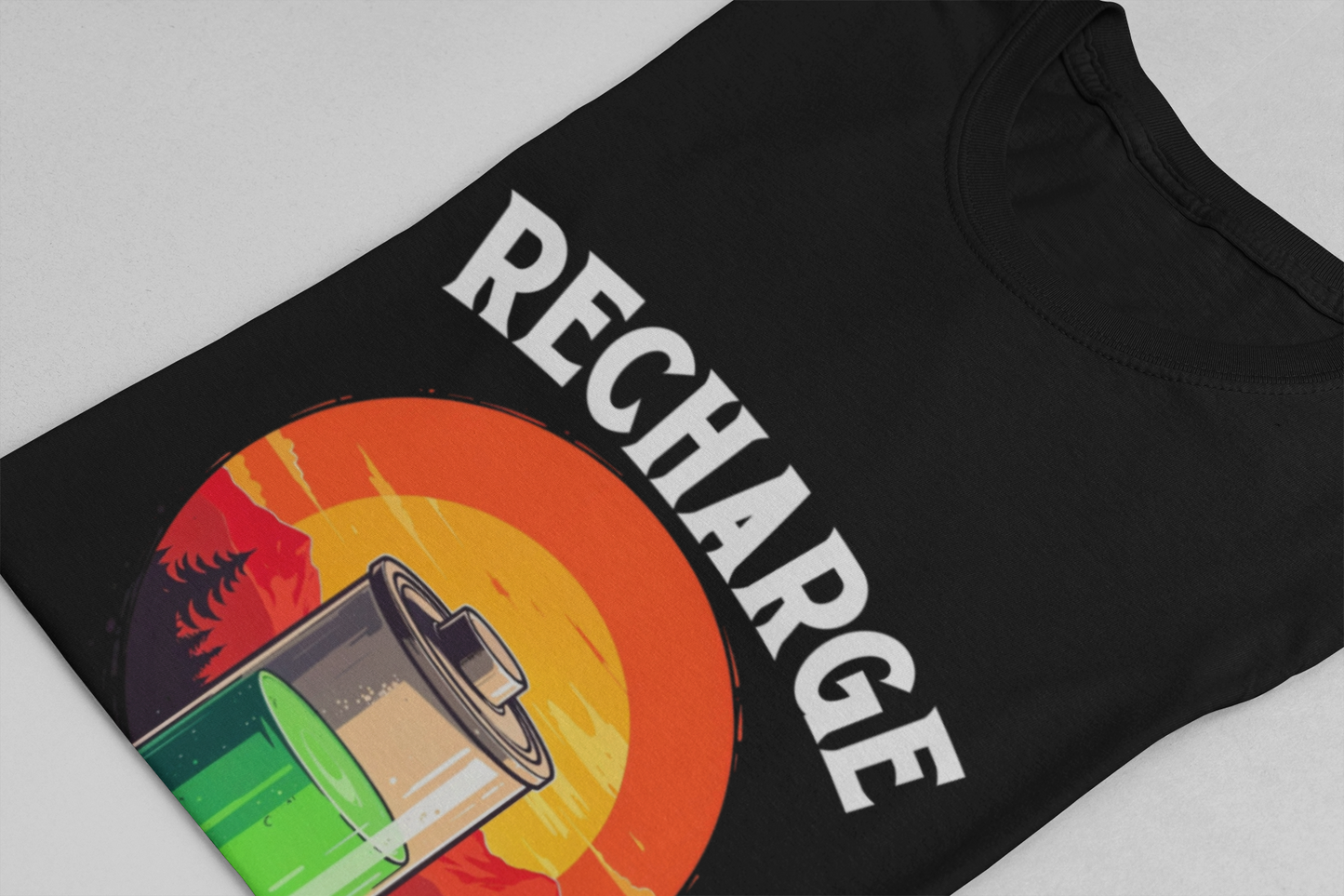 Recharge and Rise T-Shirt – Motivational Battery and Sunrise Graphic Tee