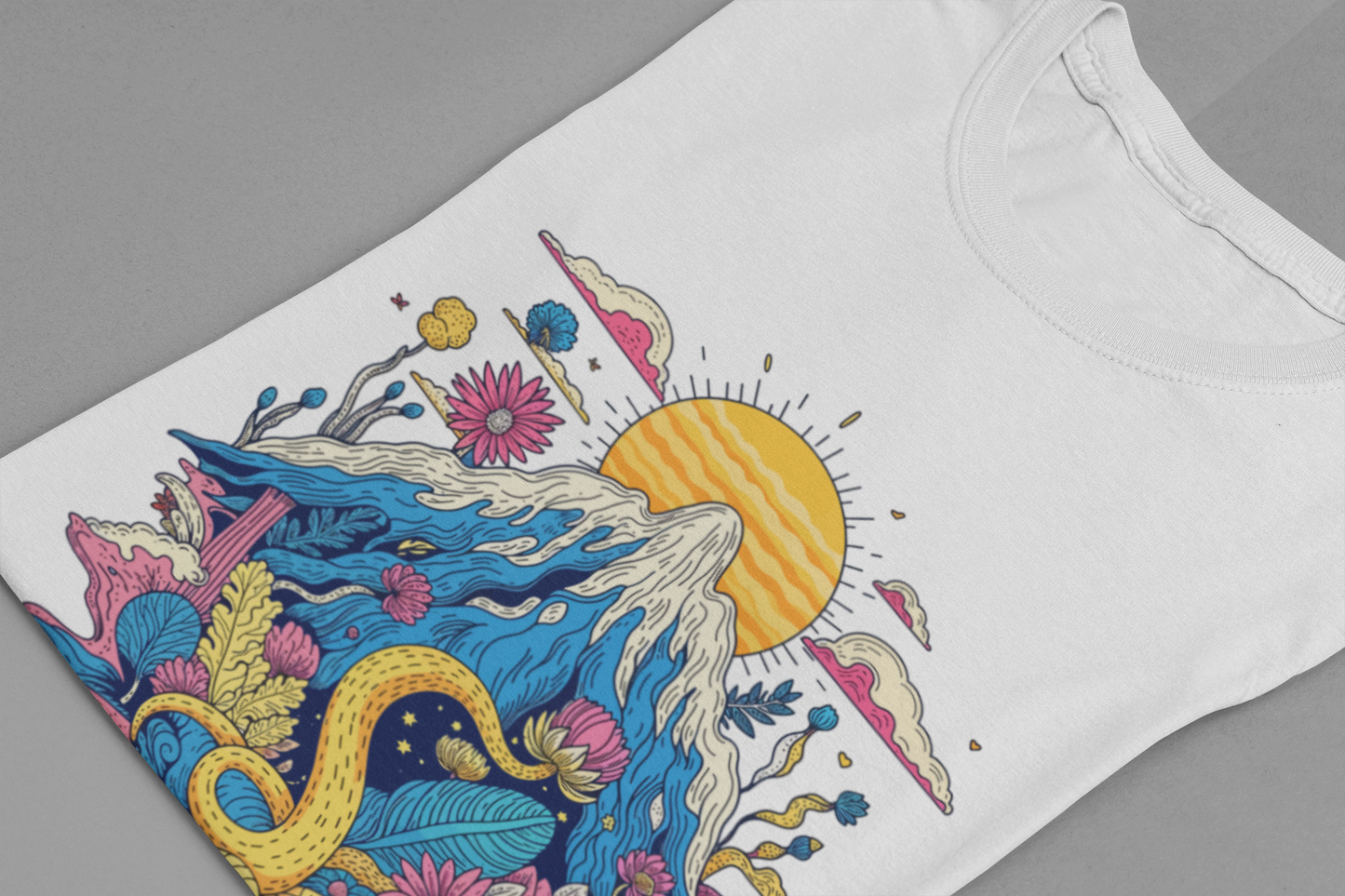 Psychological Jungle Mountain – Psychedelic Sun and Jungle Landscape Graphic T-Shirt