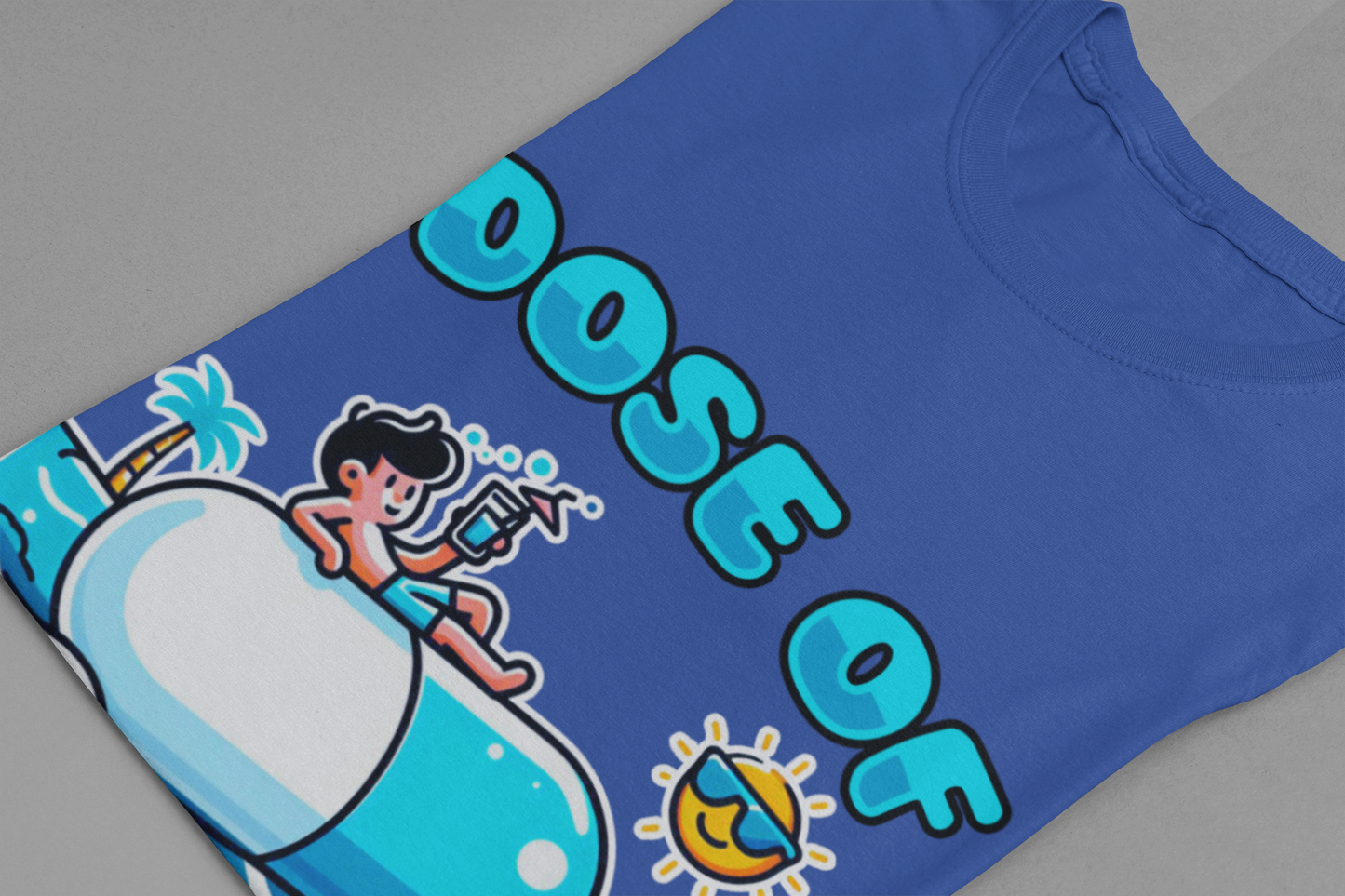 Dose of Relaxation | Boy Sitting on Pill Floating on Water with Drink, Sun & Palm Tree Graphic T-Shirt