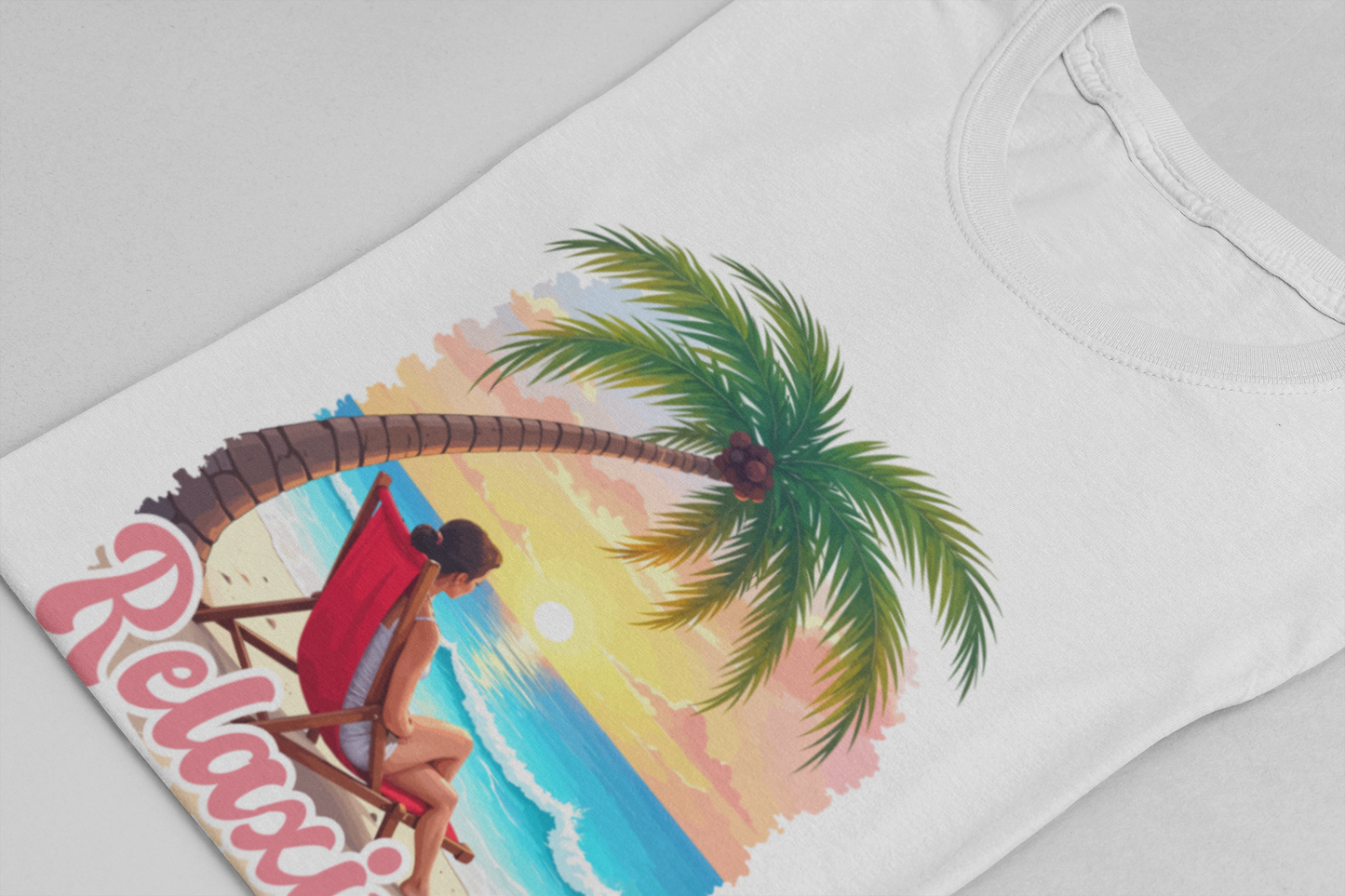 Recharge Mode Relaxin & Beachin' – Woman Lounging Under Palm Tree Beach Scene T-Shirt