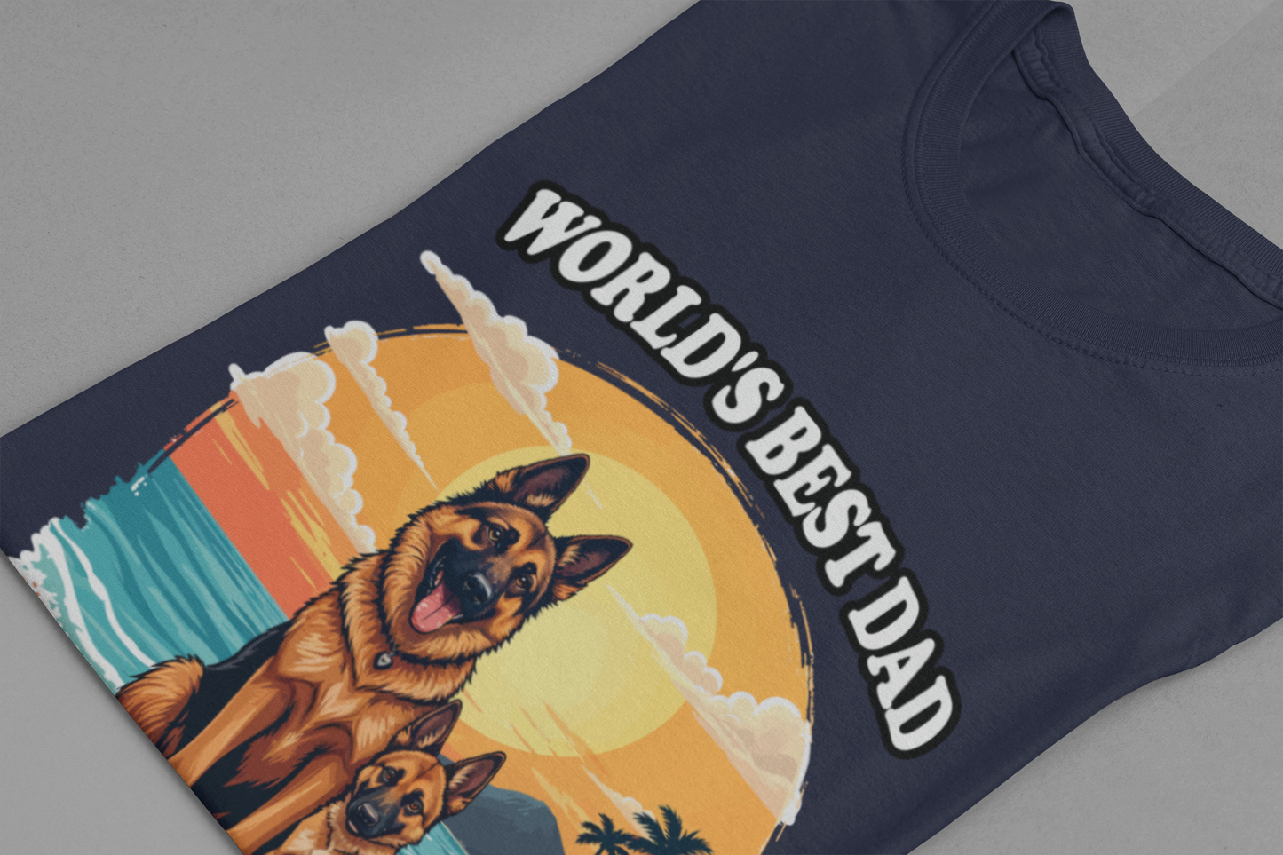 Worlds Best Dad Tshirt German Shepherd Dog Father and Puppy Beach Sunset Design
