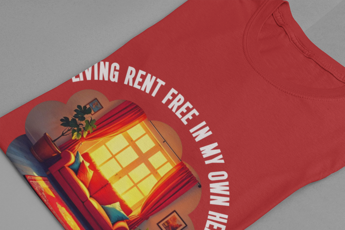 Living Rent Free in My Own Head – Cozy Living Room with Sofa & Sunlit Window Graphic T-Shirt