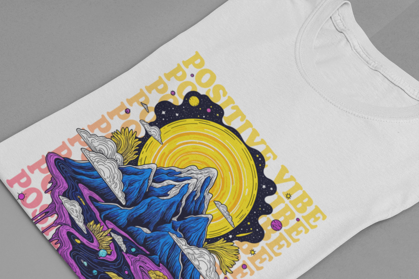 Positive Vibes – Cosmic Sun and Solar System Drip Graphic T-Shirt