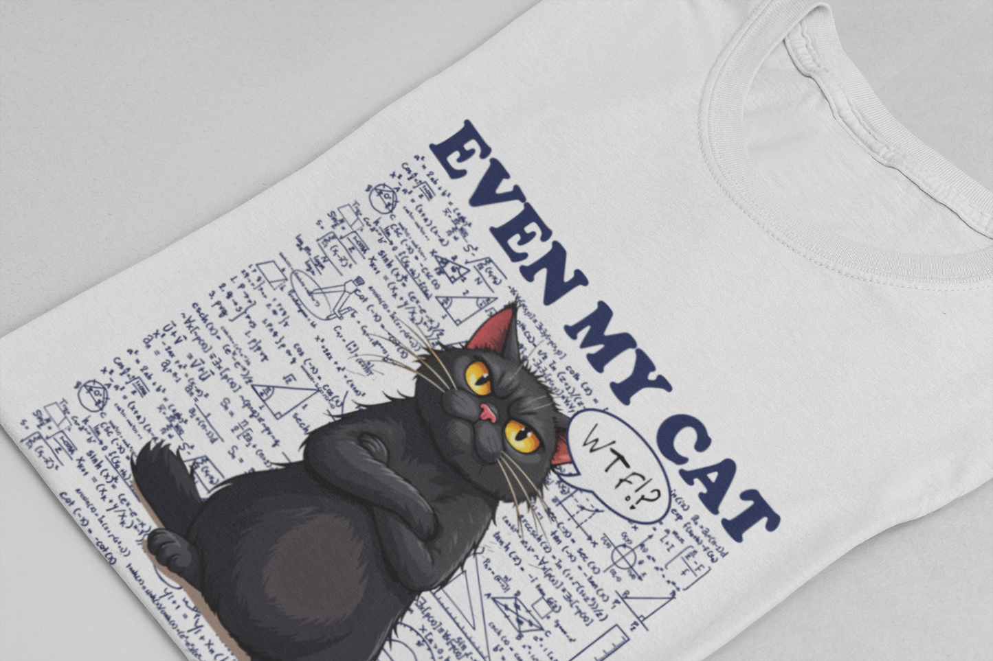 Even My Cat Loves Math T-Shirt – Funny Cat and Math Equations Graphic Tee