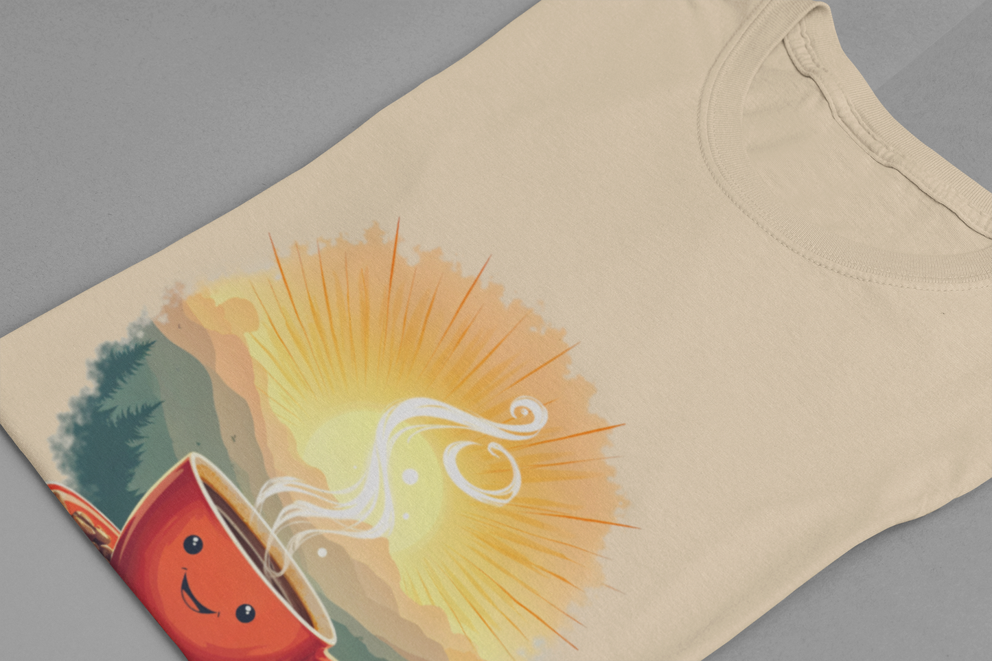 Sunrise Coffee Cup with Coffee Beans and Radiant Morning Glow Graphic T-Shirt
