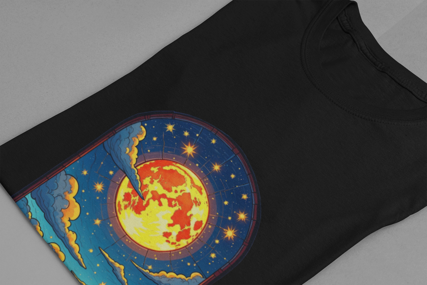 Castle Window View of Glowing Full Moon with Reflection and Stars Graphic T-Shirt