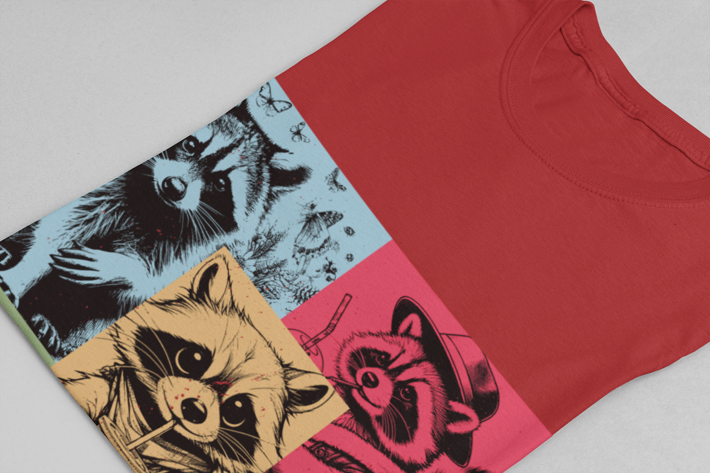 Colorful Raccoons T-Shirt – Playful Multi-Color Raccoons with Sipping Raccoon Graphic