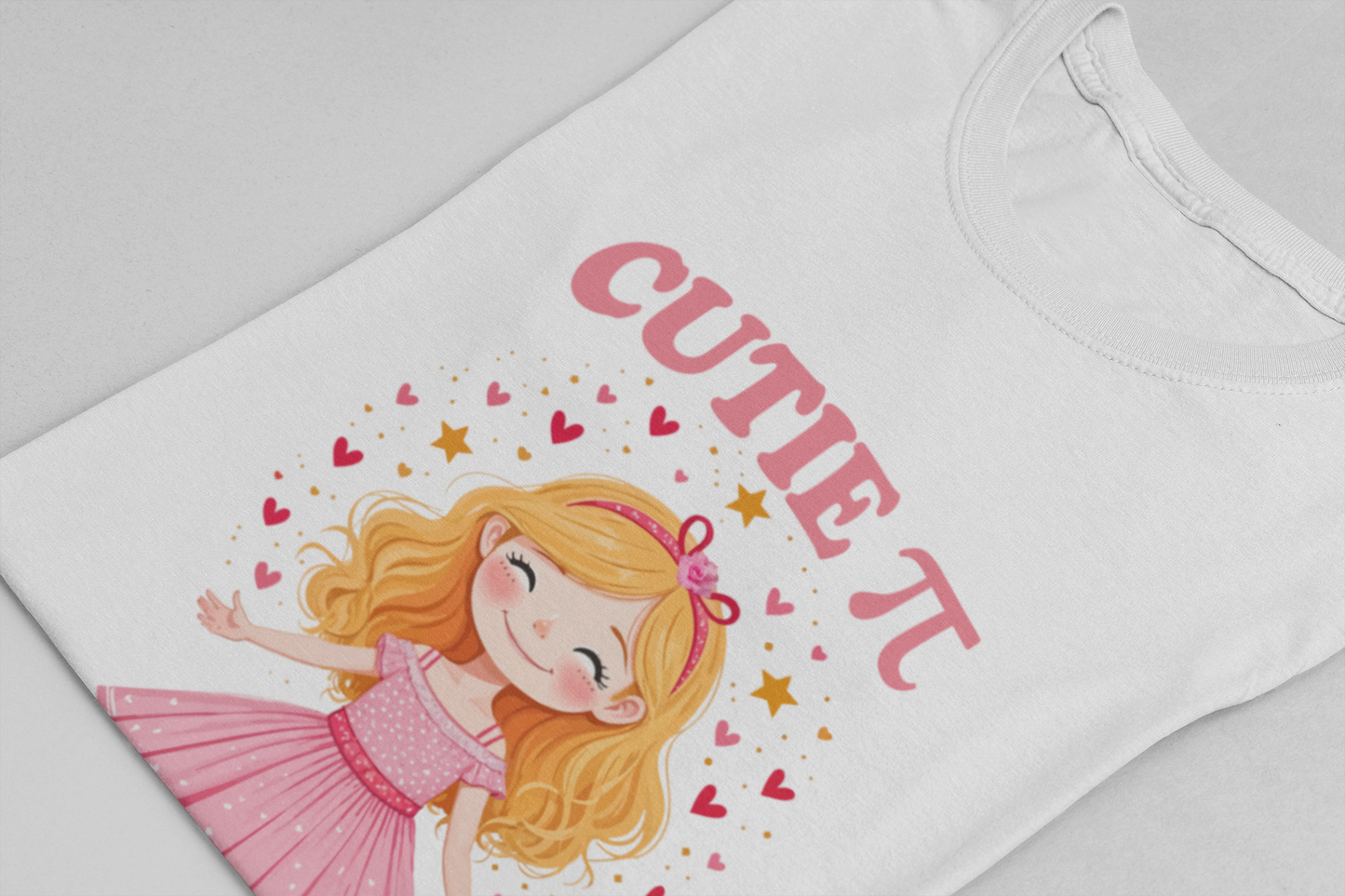 Cutie Pi Tshirt – Happy Girl with Pi Symbol, Hearts, and Stars Graphic