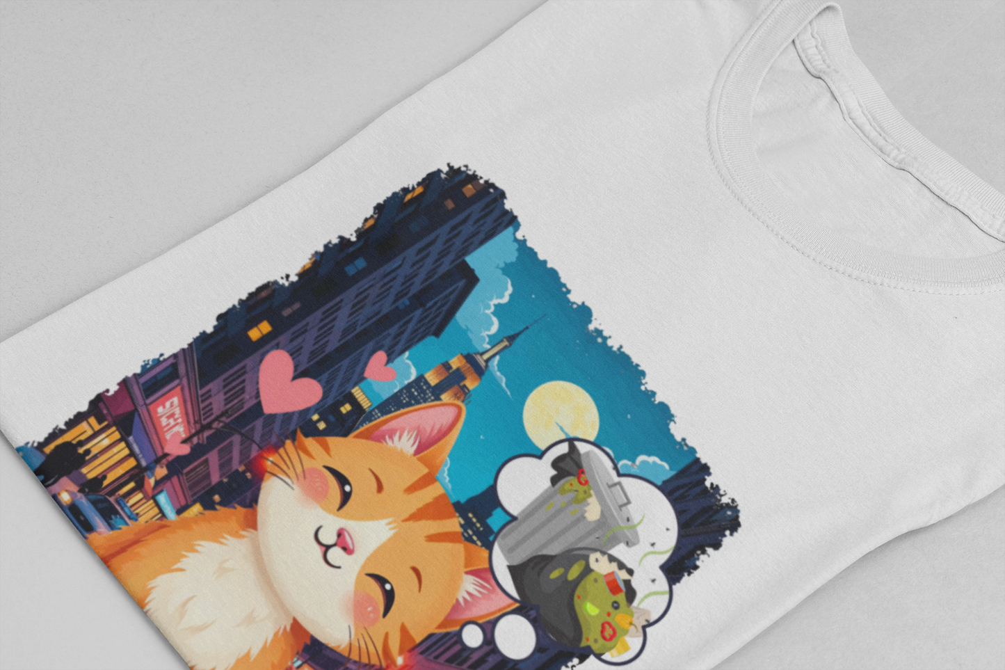 City Cat Dreams – Happy Orange Cat with Urban Garbage Thought Bubble Graphic T-Shirt