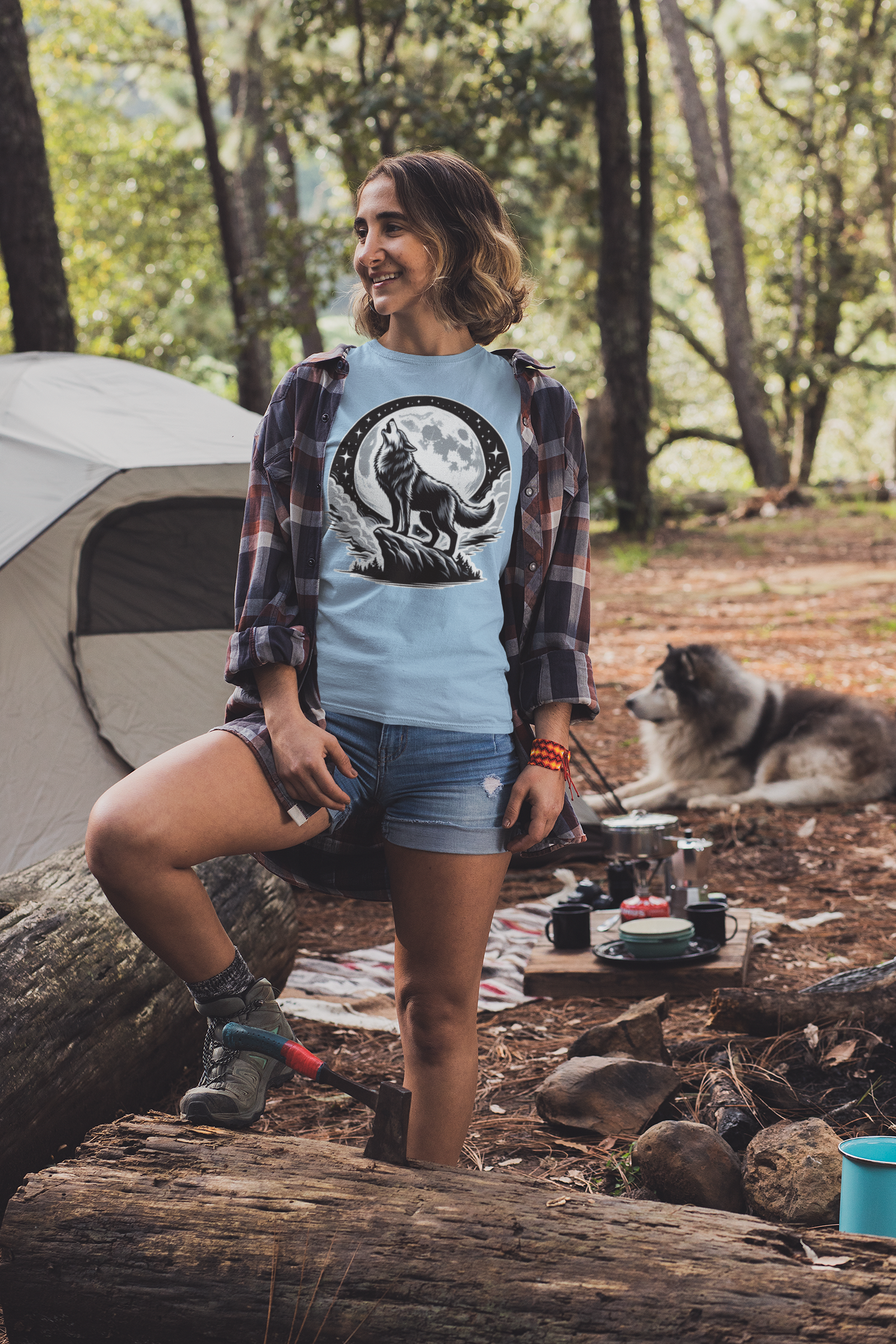 Mystical and Wild - Wolf Howling on Mountain Edge with Full Moon and Stars Graphic T-Shirt