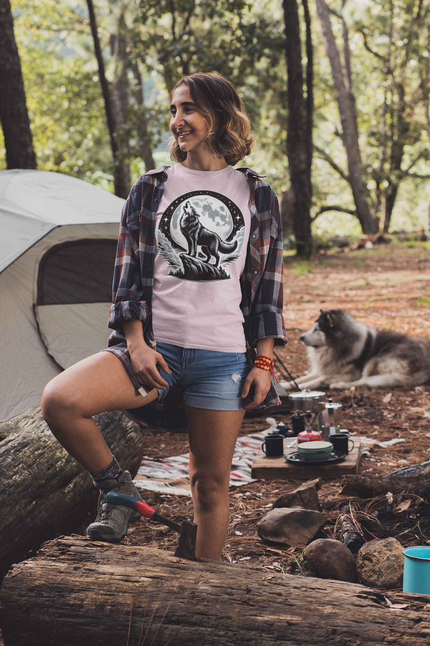 Mystical and Wild - Wolf Howling on Mountain Edge with Full Moon and Stars Graphic T-Shirt