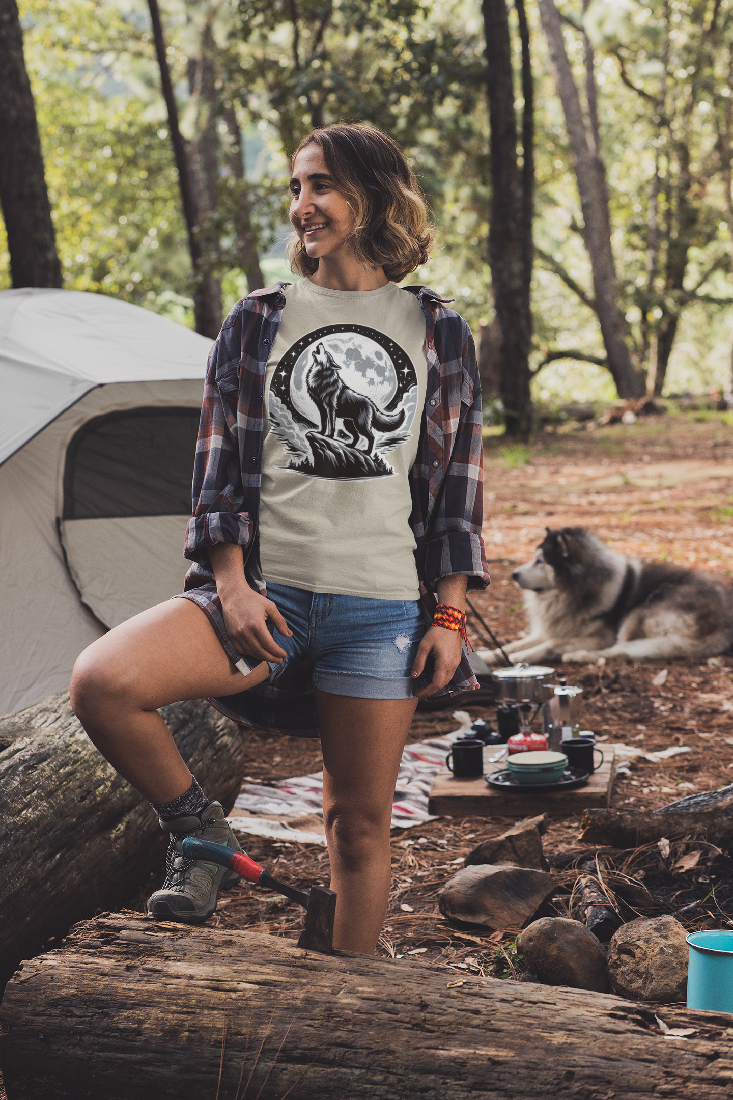 Mystical and Wild - Wolf Howling on Mountain Edge with Full Moon and Stars Graphic T-Shirt