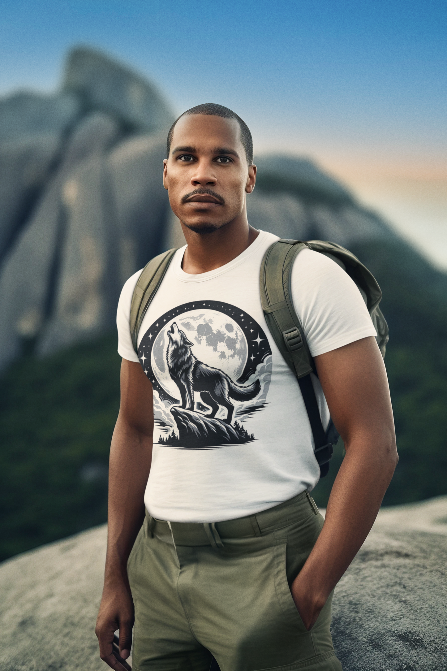 Mystical and Wild - Wolf Howling on Mountain Edge with Full Moon and Stars Graphic T-Shirt