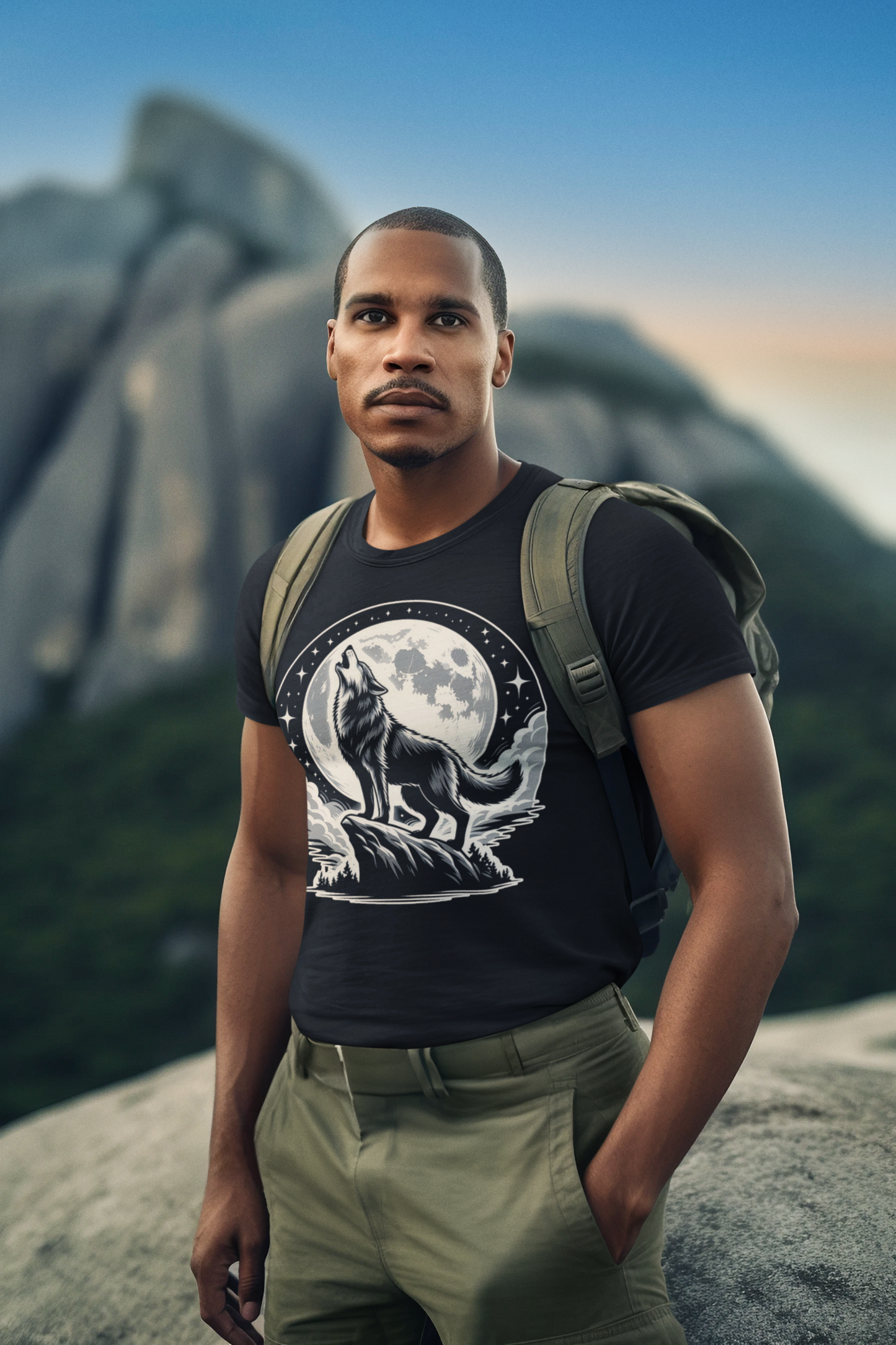 Mystical and Wild - Wolf Howling on Mountain Edge with Full Moon and Stars Graphic T-Shirt