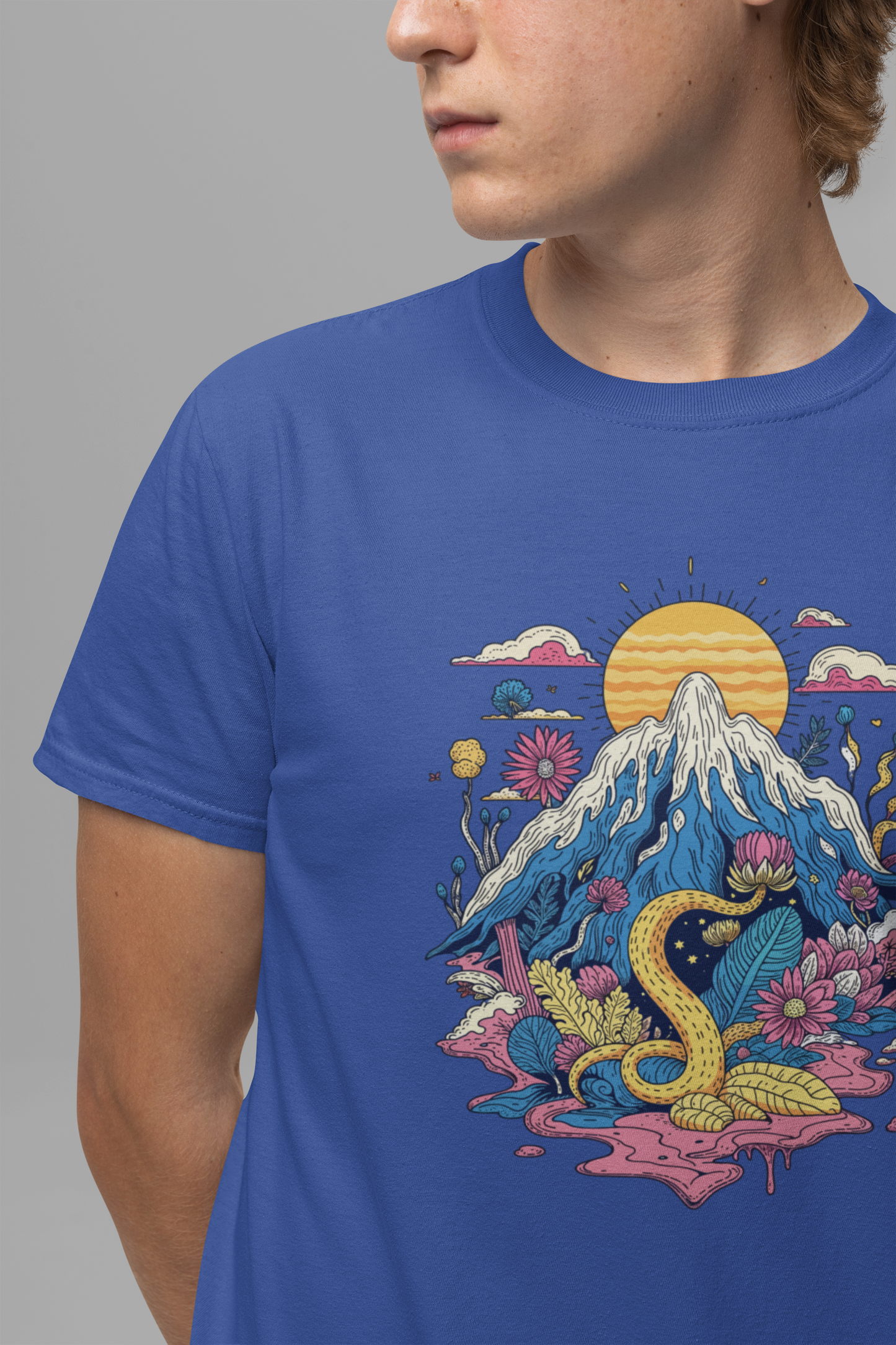 Psychological Jungle Mountain – Psychedelic Sun and Jungle Landscape Graphic T-Shirt