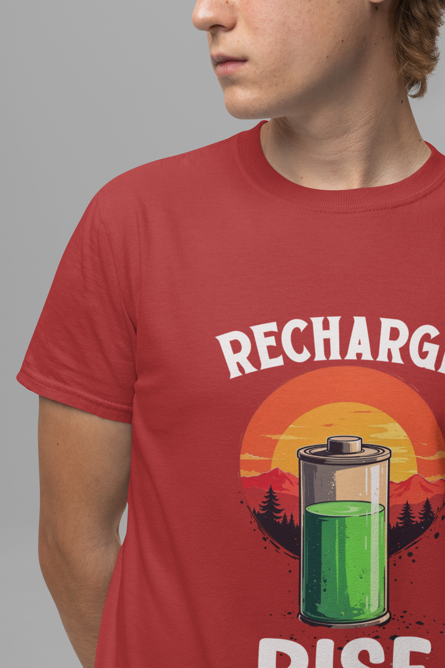 Recharge and Rise T-Shirt – Motivational Battery and Sunrise Graphic Tee