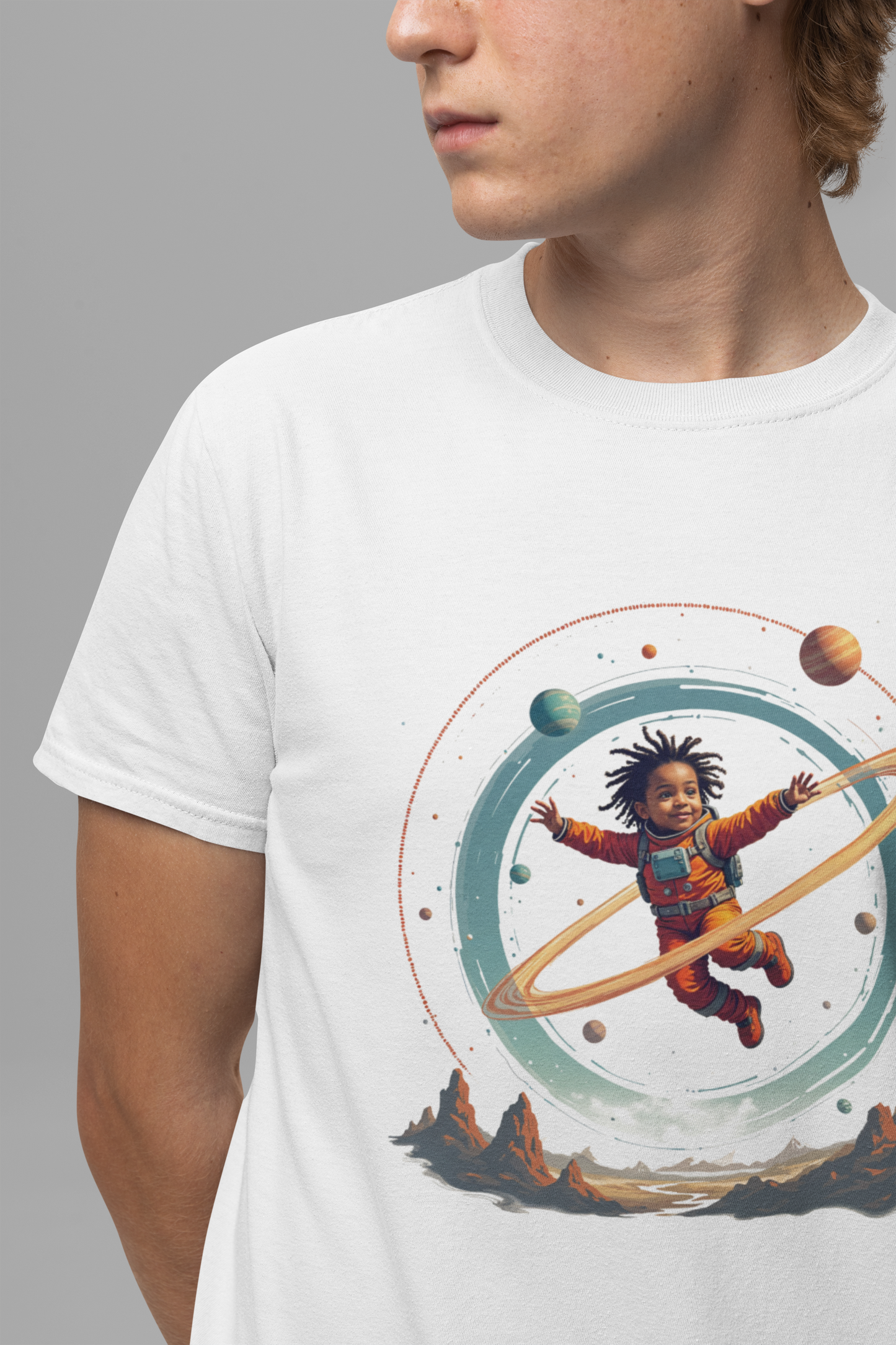 Toddler Flying in Spacesuit with Revolving Planets Space Adventure Graphic T-Shirt