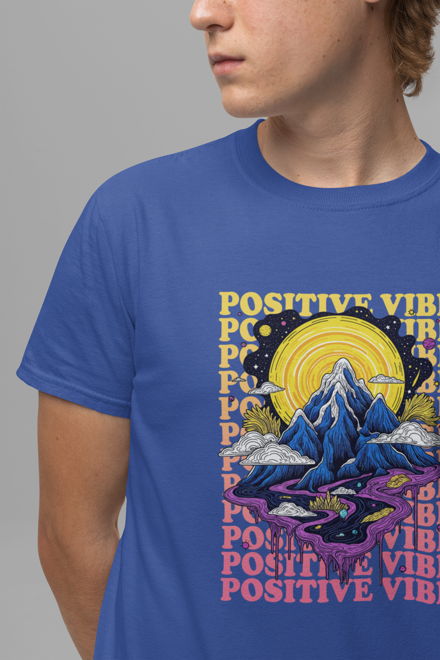 Positive Vibes – Cosmic Sun and Solar System Drip Graphic T-Shirt