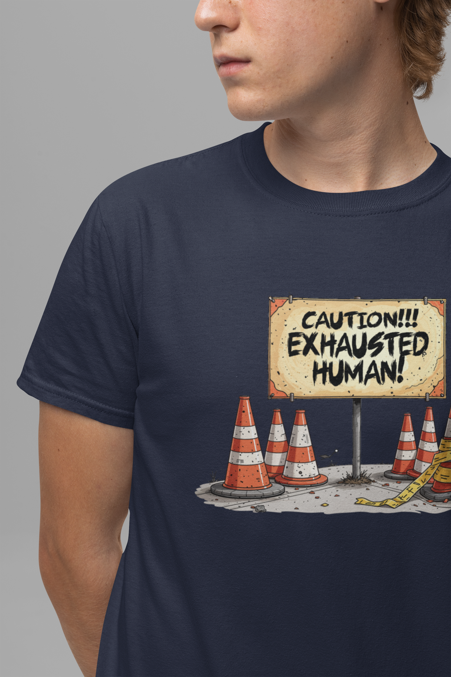 Caution Exhausted Human Tee, Low Energy Warning Shirt, Sleepy Mood Graphic, Funny Real Life Top, Tired Brain Gift