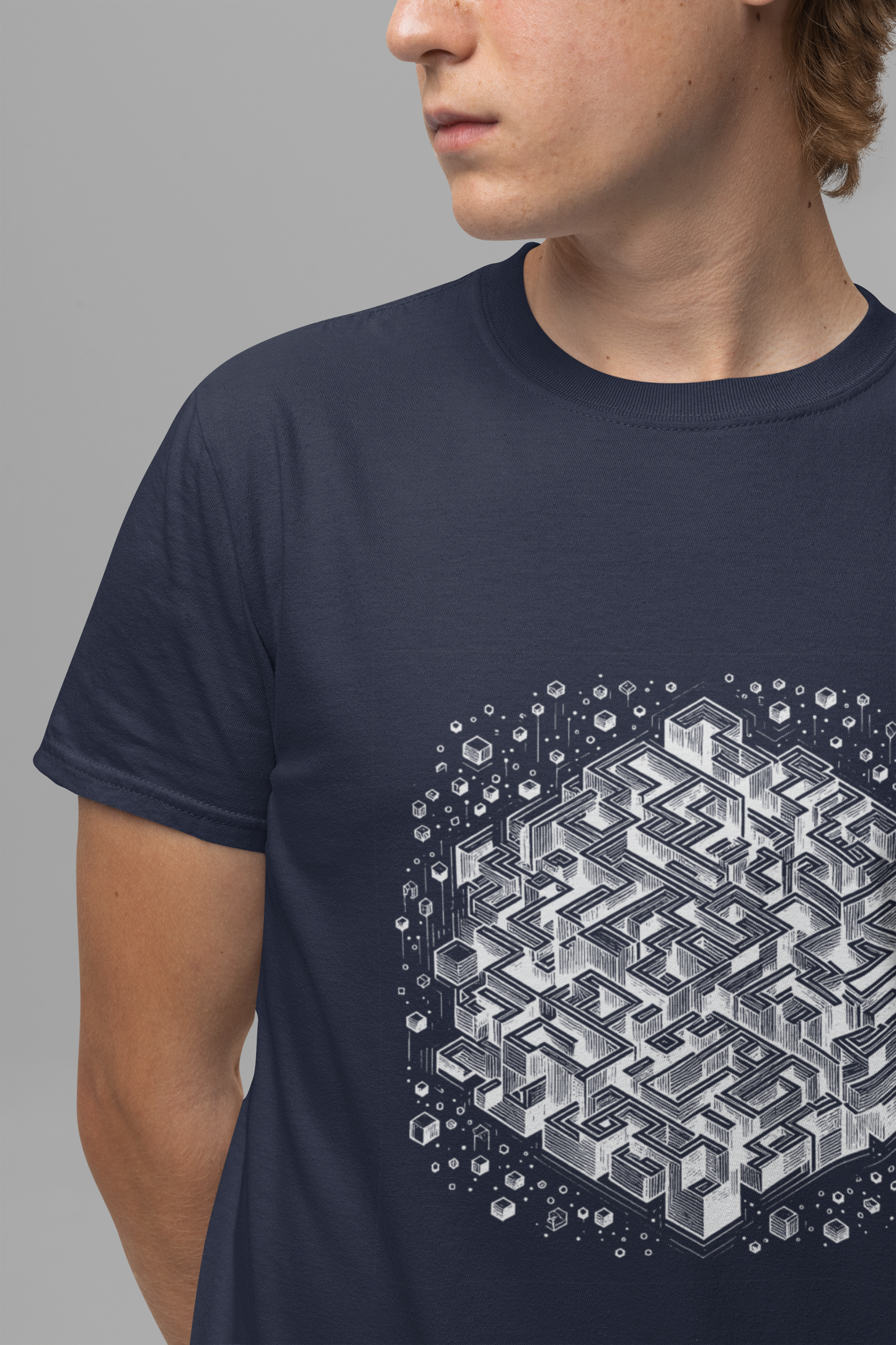 Cube Cascade – Cubic Maze with Floating Cubes Graphic T-Shirt