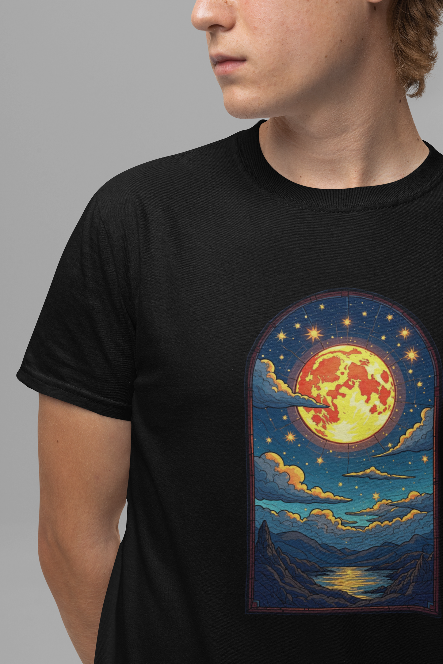 Castle Window View of Glowing Full Moon with Reflection and Stars Graphic T-Shirt